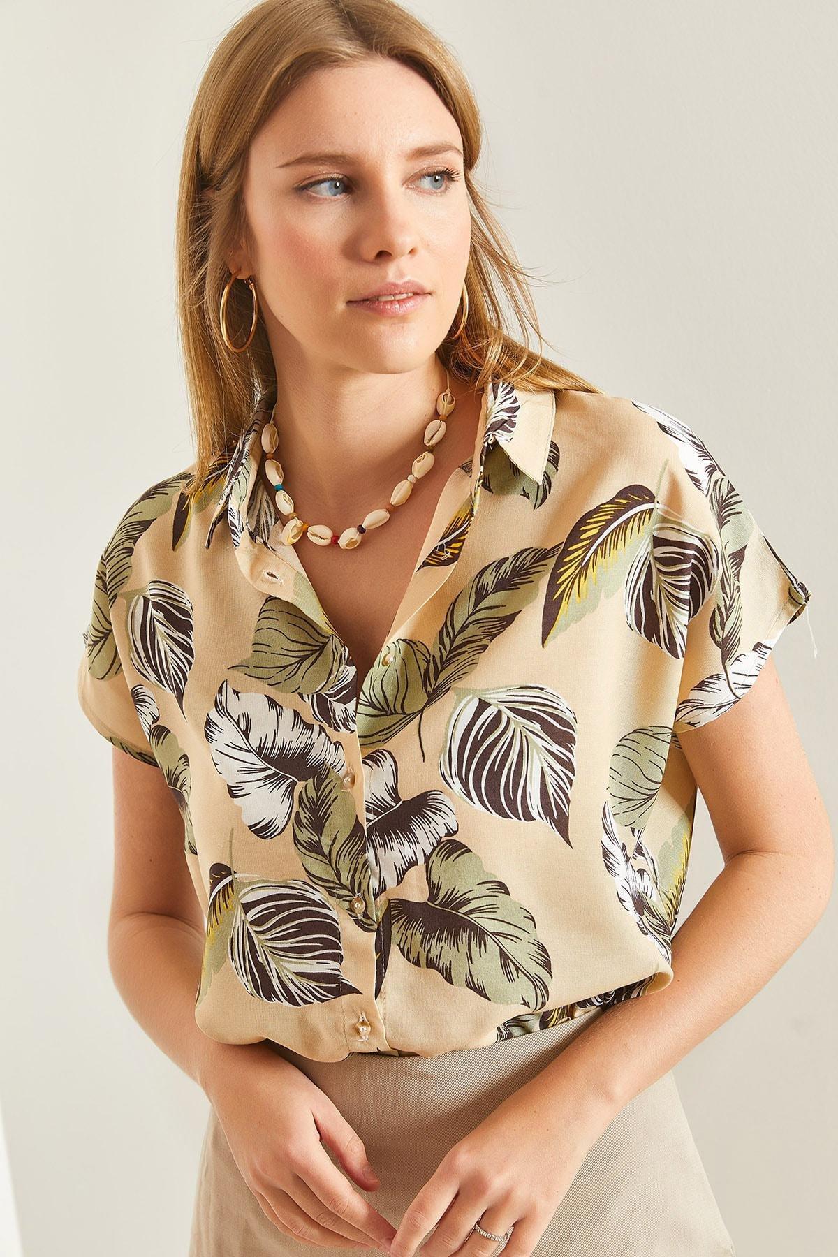 Beige Short Sleeve Patterned Viscose Shirt, , large image number 0