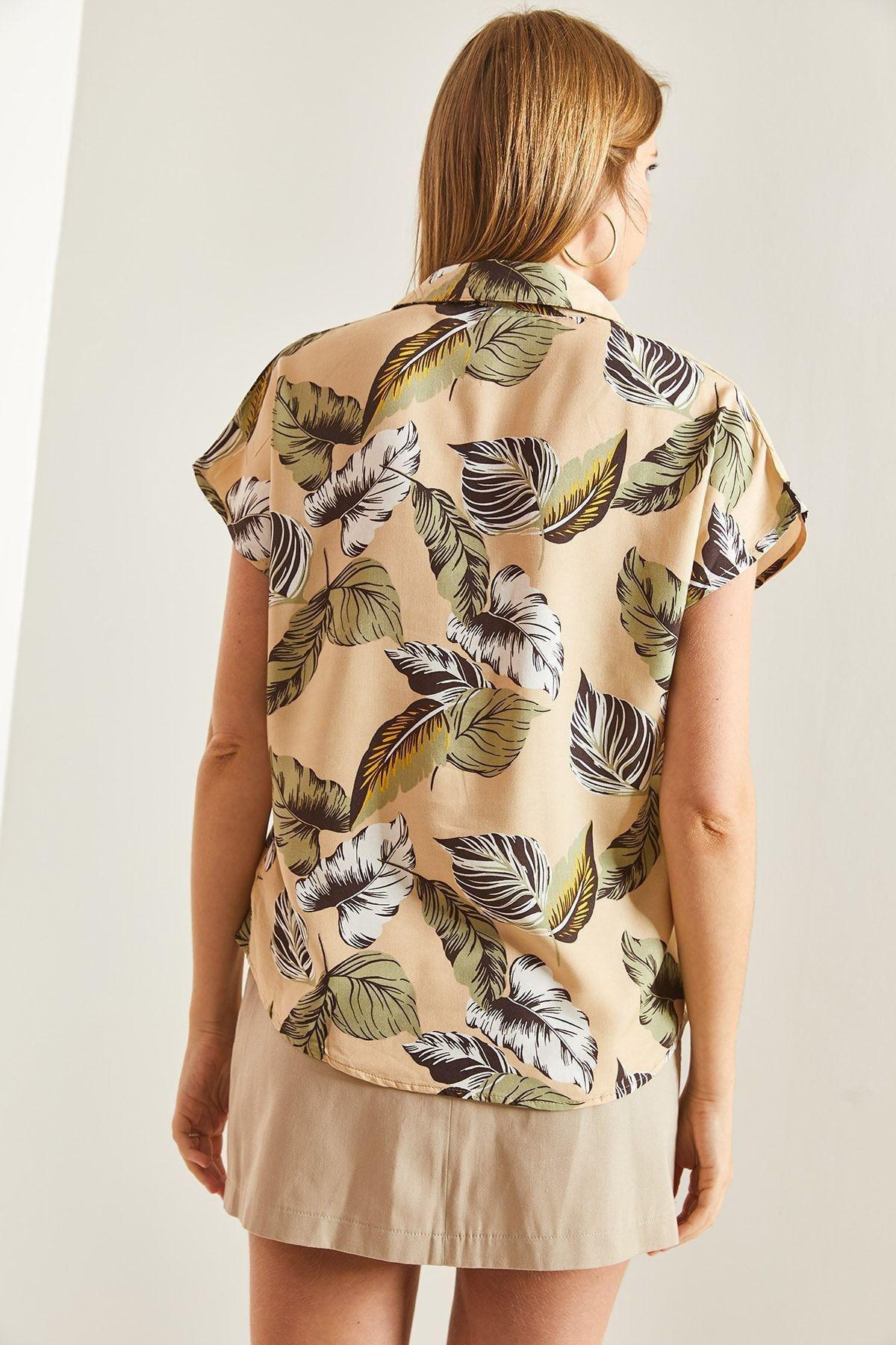 Beige Short Sleeve Patterned Viscose Shirt, , large image number 1