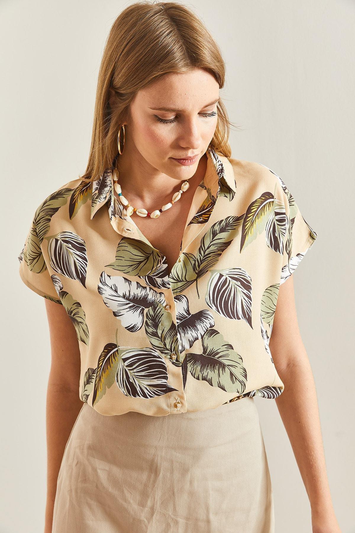 Beige Short Sleeve Patterned Viscose Shirt, , large image number 2