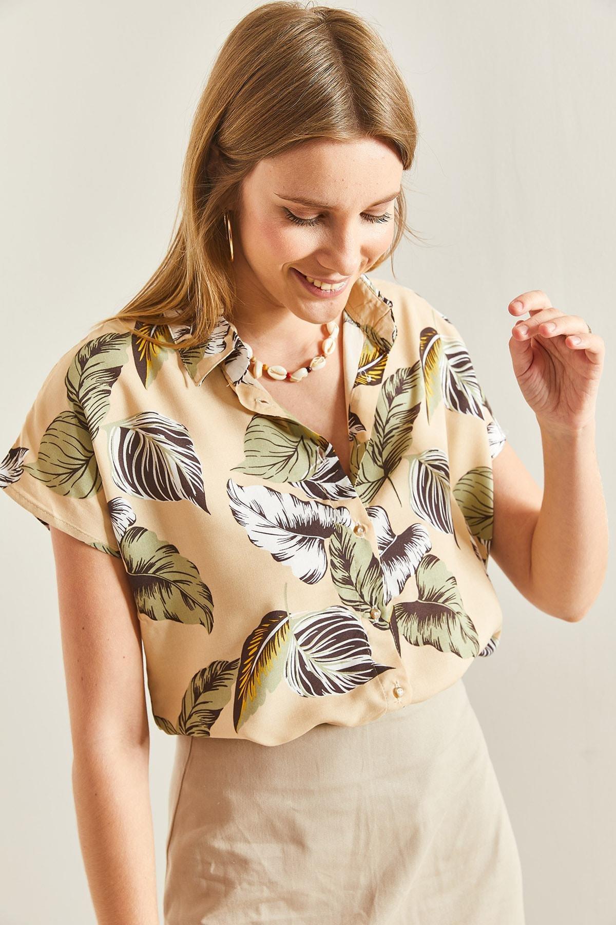Beige Short Sleeve Patterned Viscose Shirt, , large image number 3
