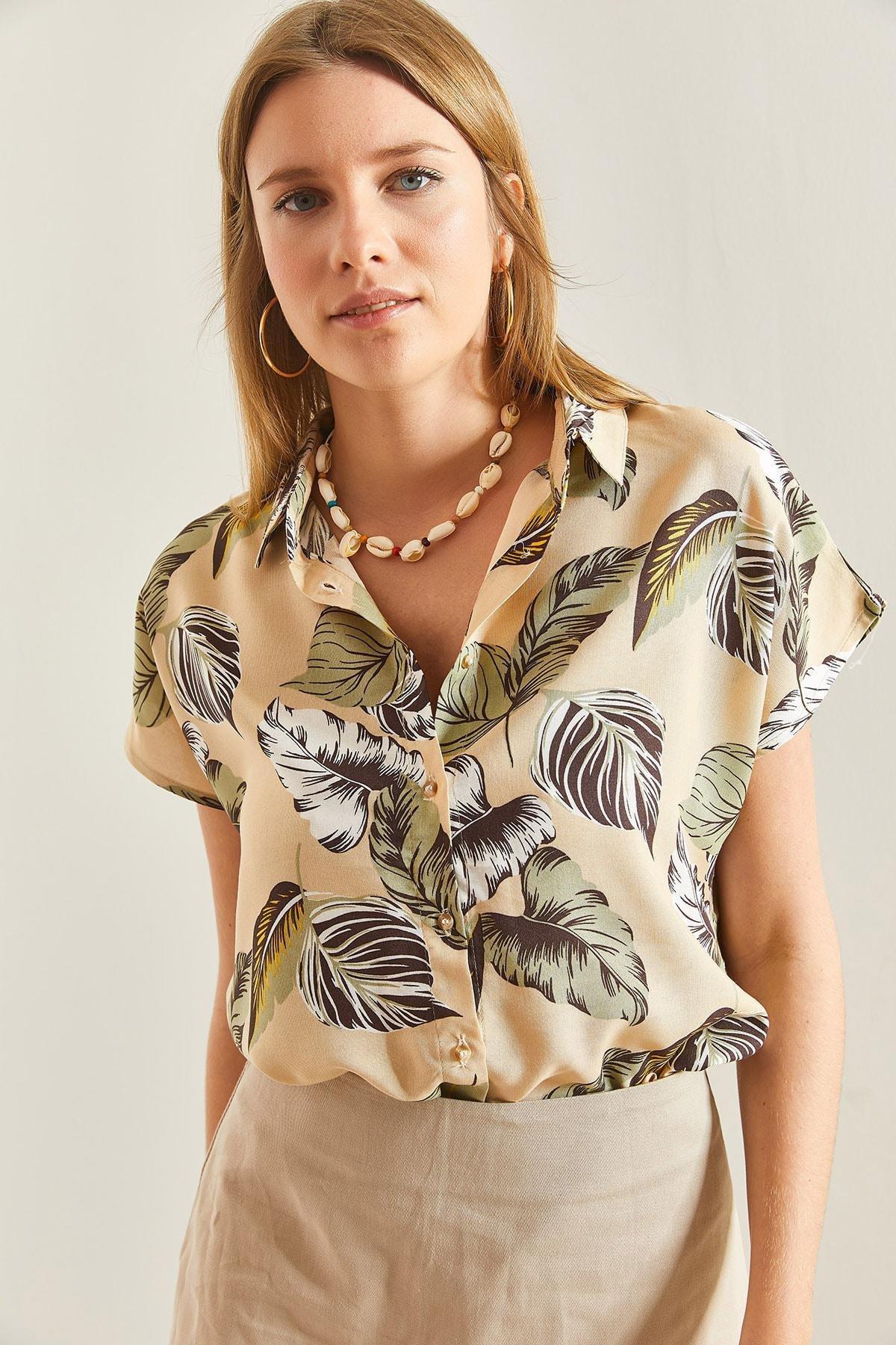 Beige Short Sleeve Patterned Viscose Shirt, , large image number 4