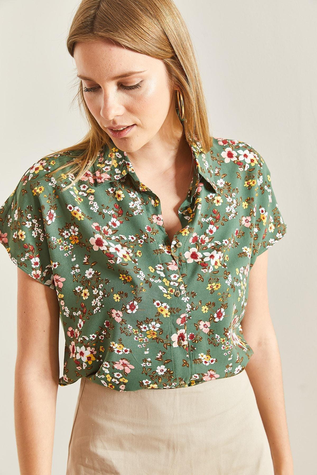 Khaki Short Sleeve Patterned Viscose Shirt, , large image number 1