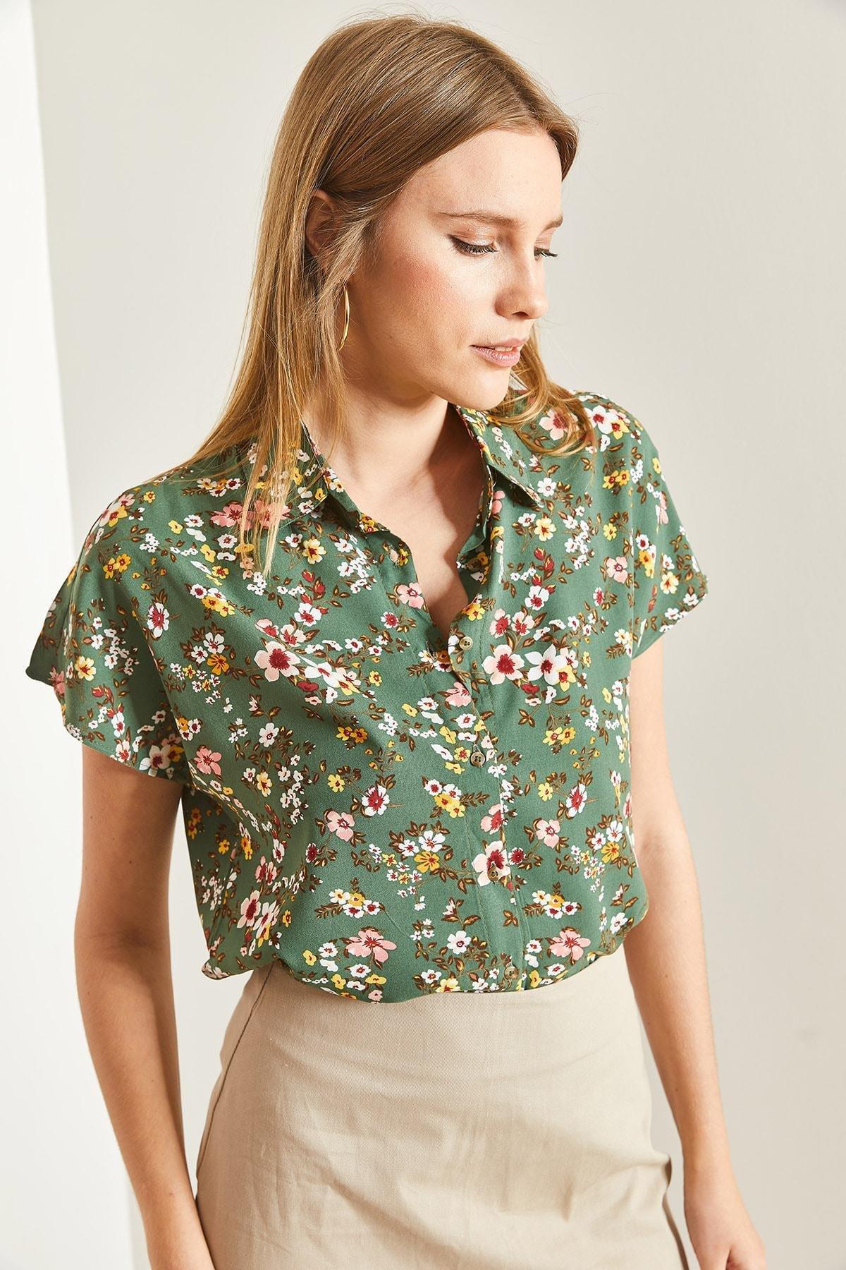 Khaki Short Sleeve Patterned Viscose Shirt, , large image number 2