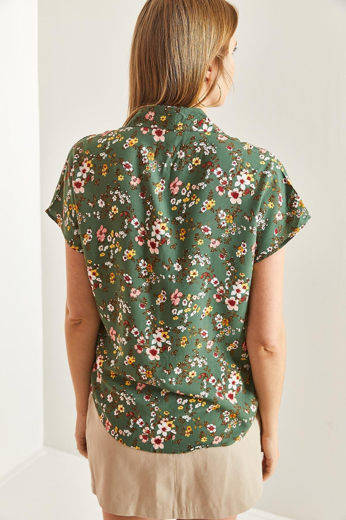 Khaki Short Sleeve Patterned Viscose Shirt, , large image number 3