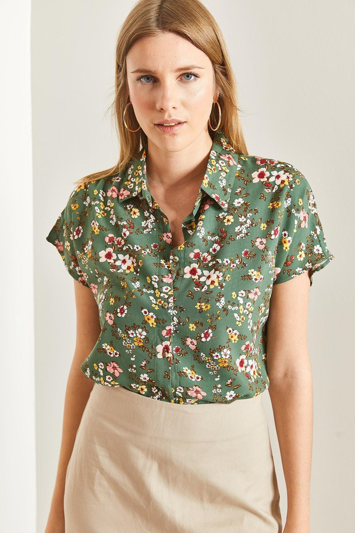 Khaki Short Sleeve Patterned Viscose Shirt, , large image number 4