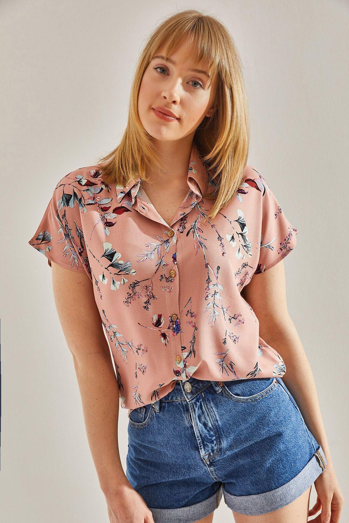 قميص فيسكوز بأكمام قصيرة بنمط منقوش، وردي, POWDER, large image number 0