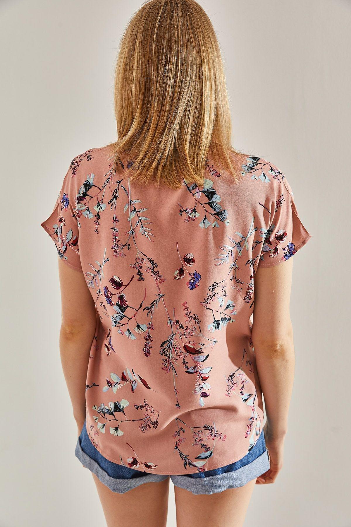 قميص فيسكوز بأكمام قصيرة بنمط منقوش، وردي, POWDER, large image number 1