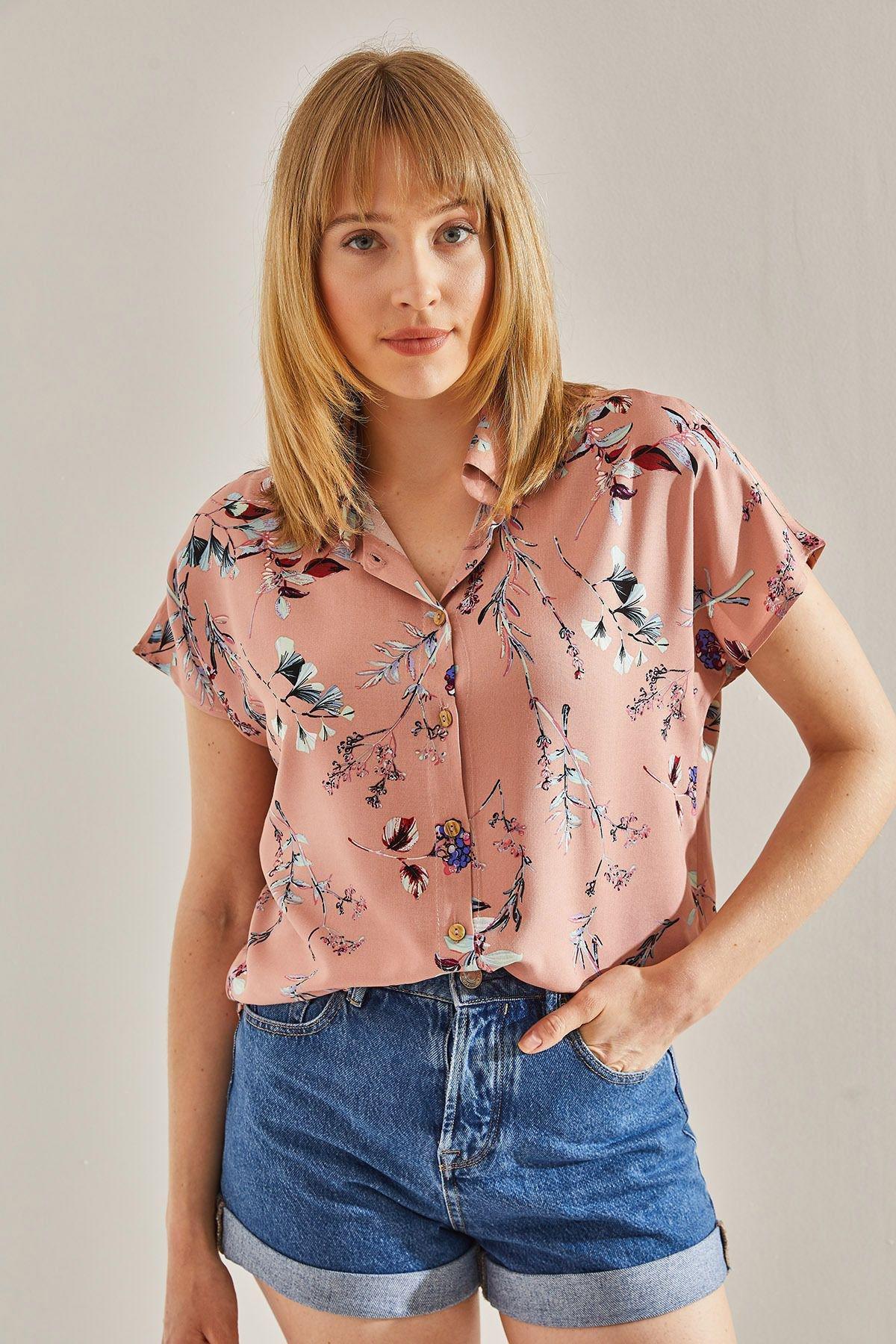 قميص فيسكوز بأكمام قصيرة بنمط منقوش، وردي, POWDER, large image number 2