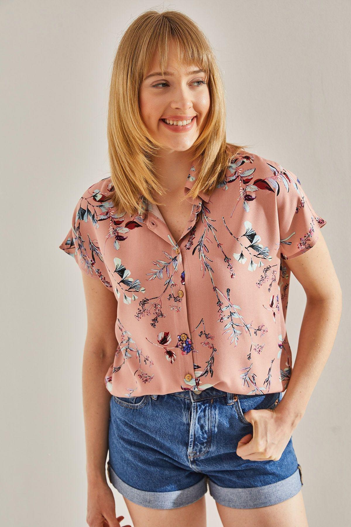 قميص فيسكوز بأكمام قصيرة بنمط منقوش، وردي, POWDER, large image number 3