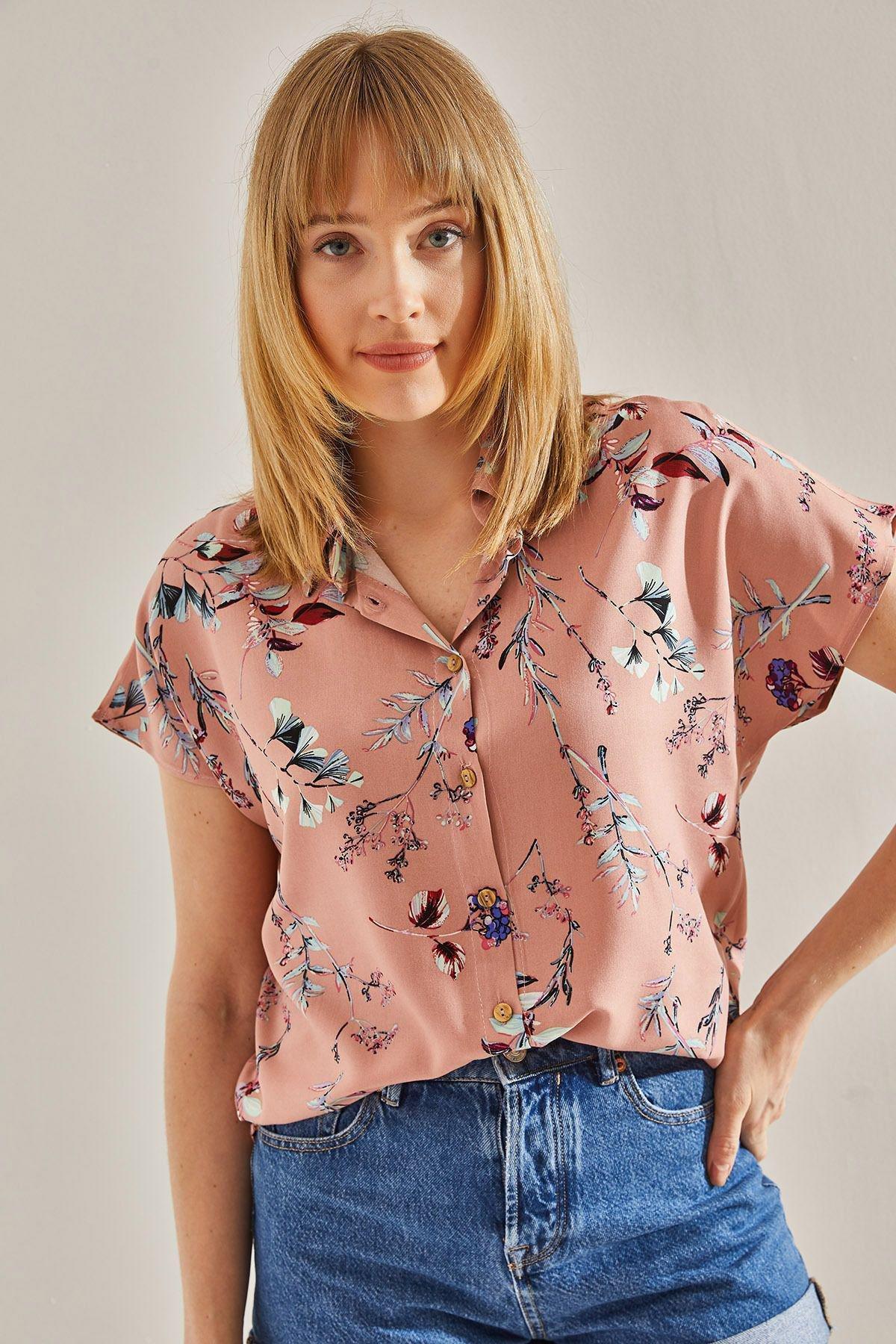 قميص فيسكوز بأكمام قصيرة بنمط منقوش، وردي, POWDER, large image number 4