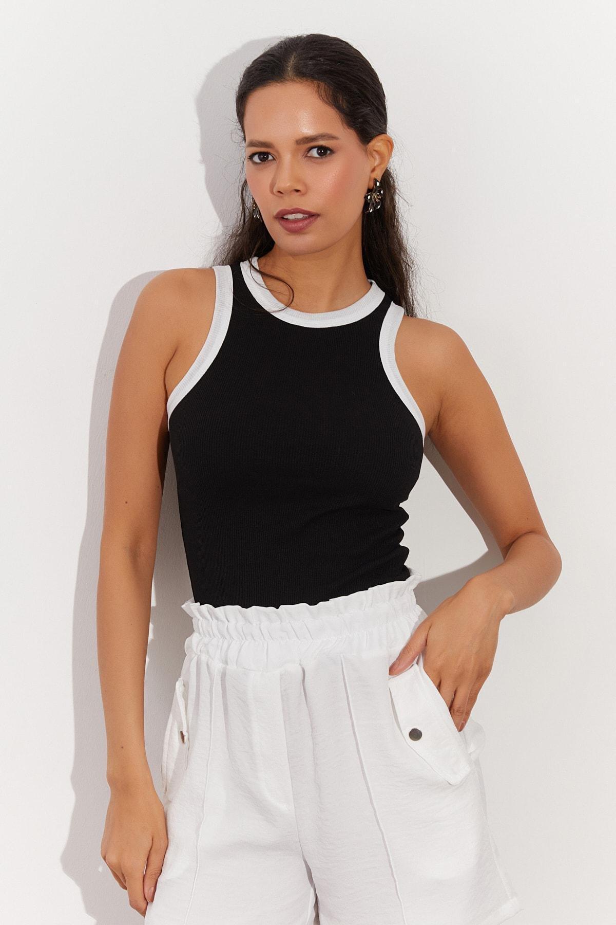 Black Crew Neck Slim Blouse, BLACK, large image number 1