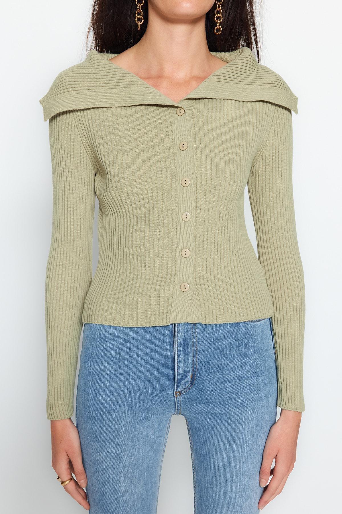 Khaki Crop Turndown Collar Knitwear Cardigan, , large image number 2