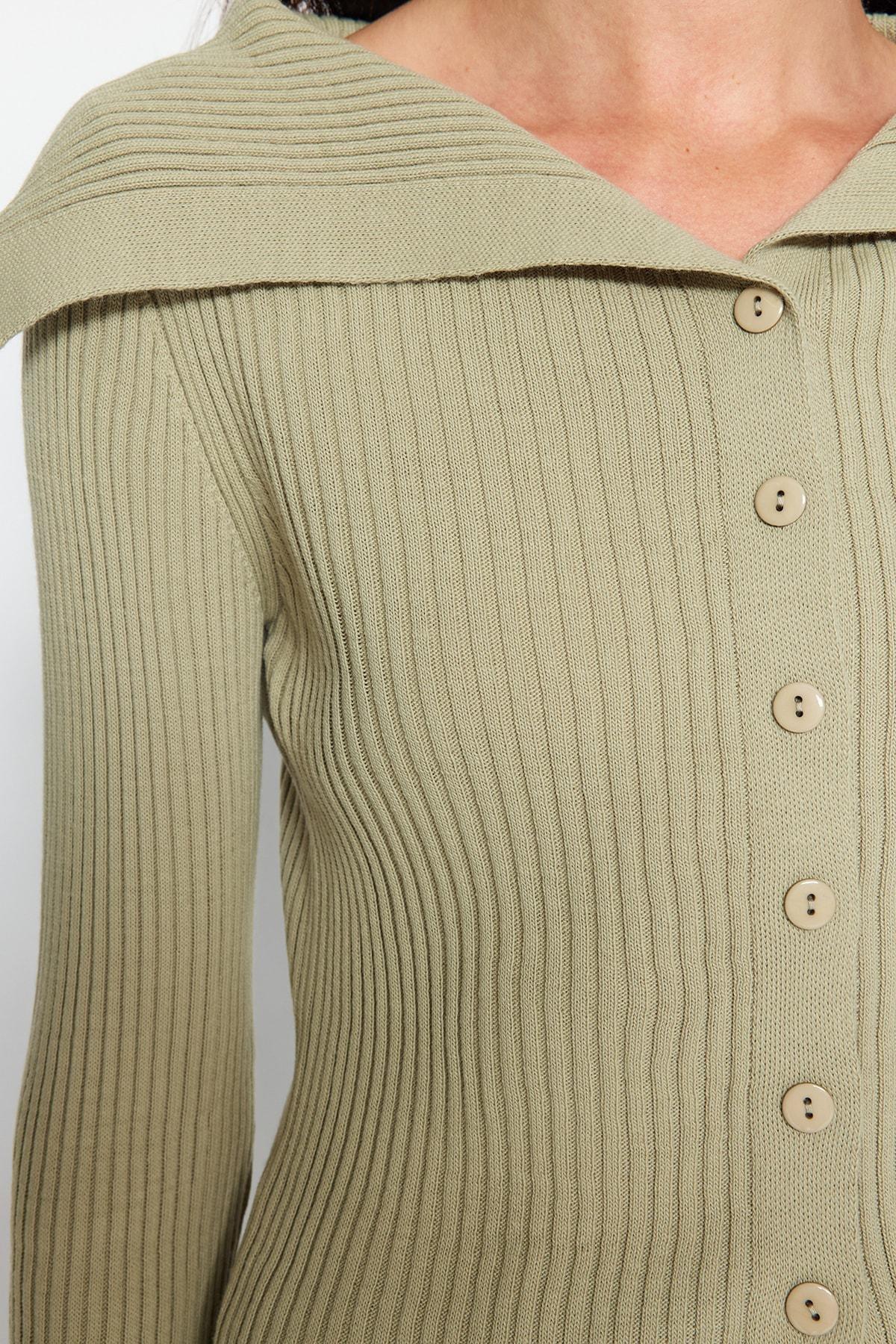 Khaki Crop Turndown Collar Knitwear Cardigan, , large image number 3