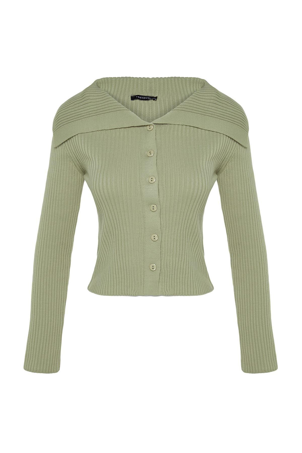 Khaki Crop Turndown Collar Knitwear Cardigan, , large image number 5