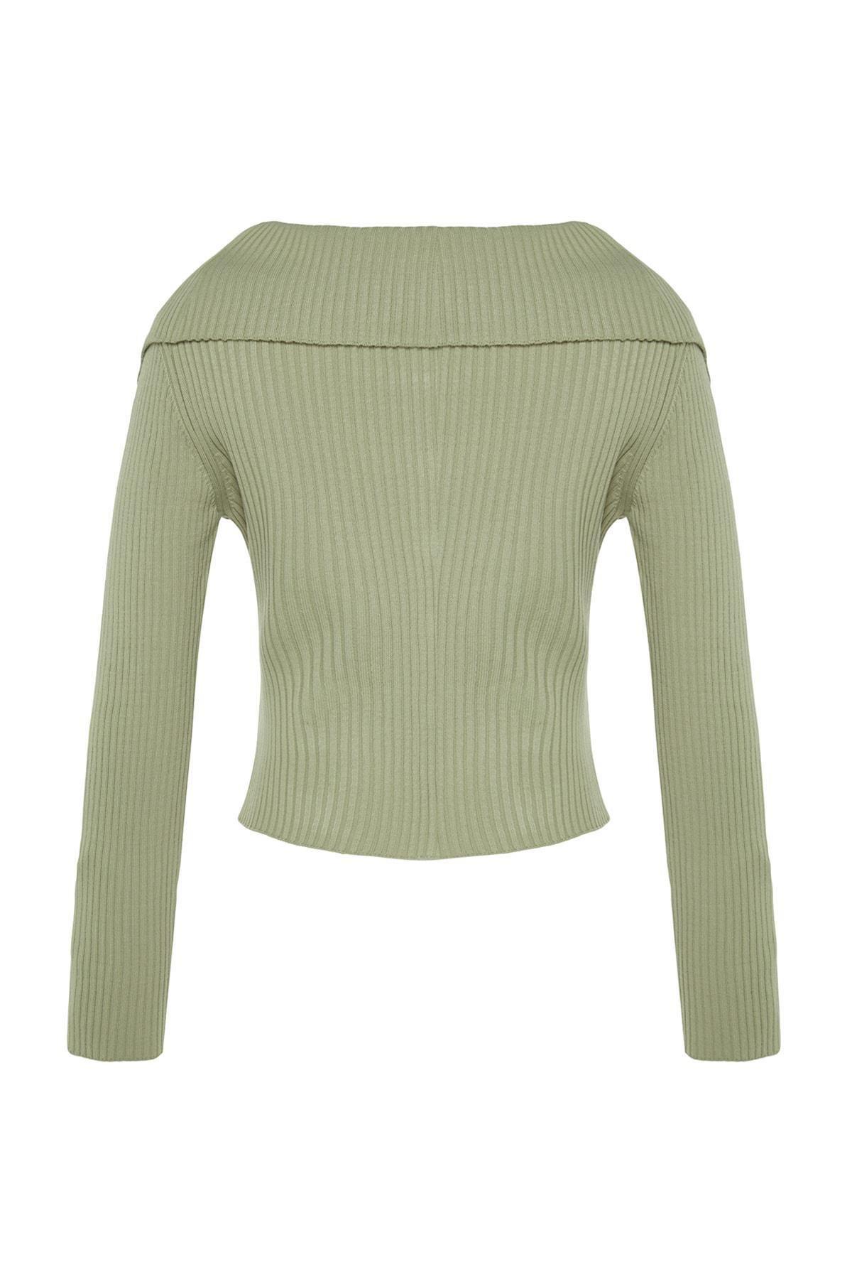 Khaki Crop Turndown Collar Knitwear Cardigan, , large image number 7