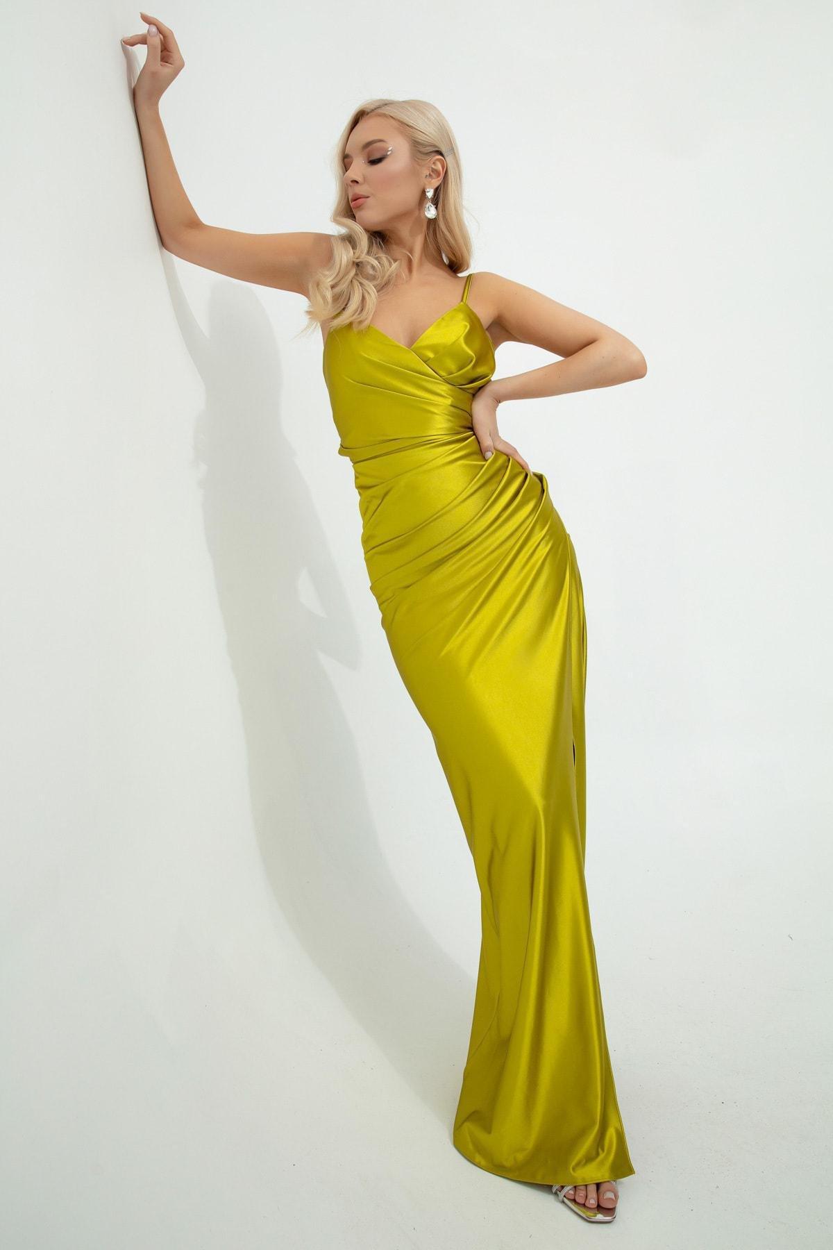 Lafaba - Green Decollete Long Slit Occasionwear Dress