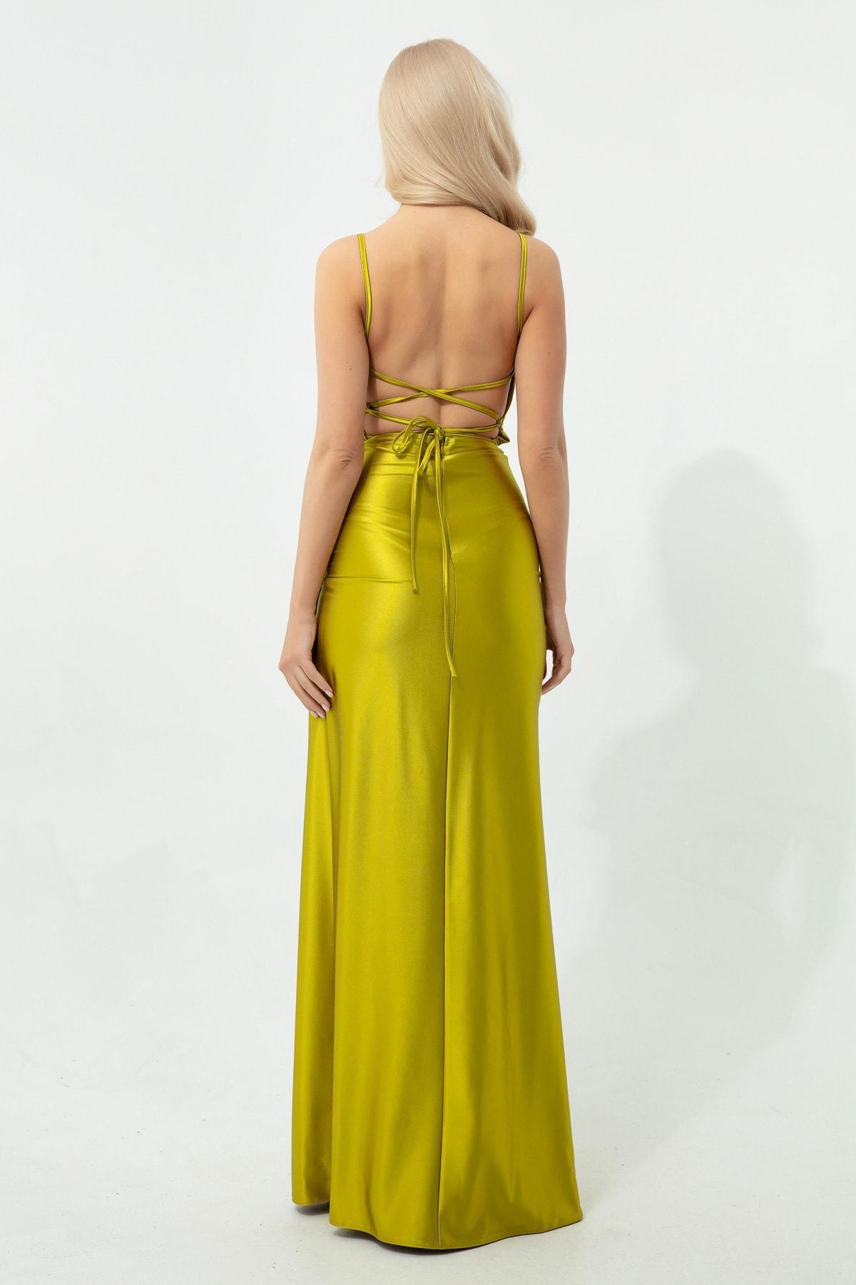 Lafaba - Green Decollete Long Slit Occasionwear Dress