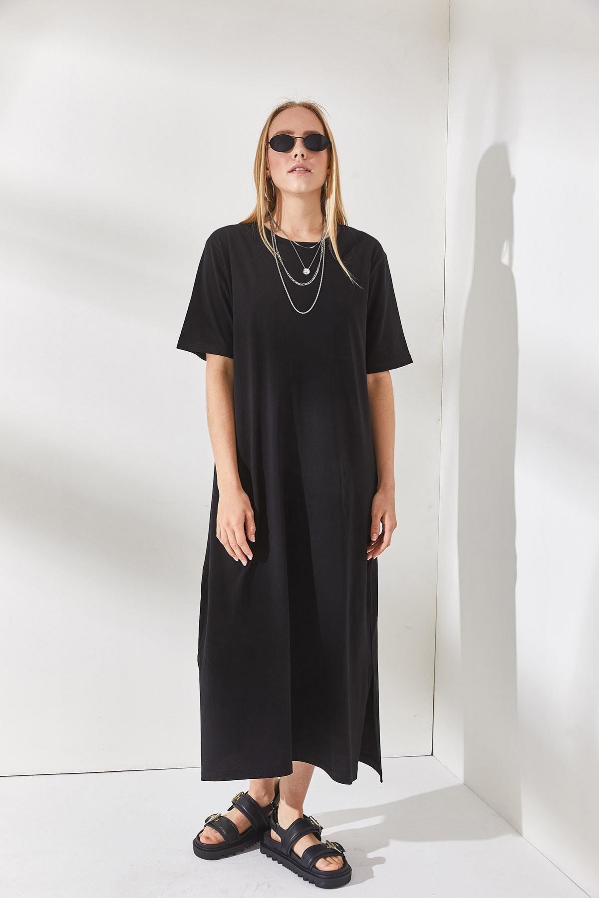 Black Oversize Slit Dress, BLACK, medium