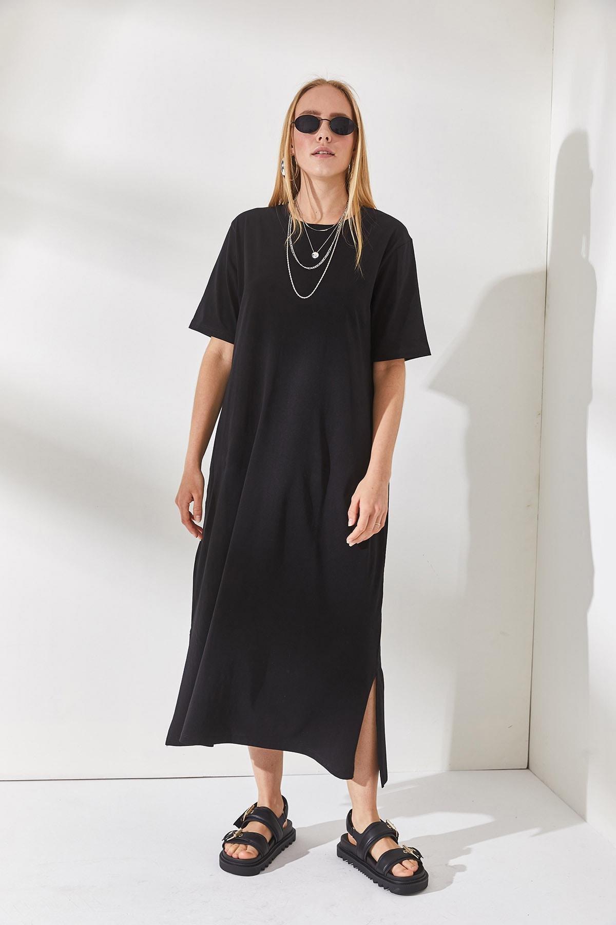 Black Oversize Slit Dress, BLACK, medium