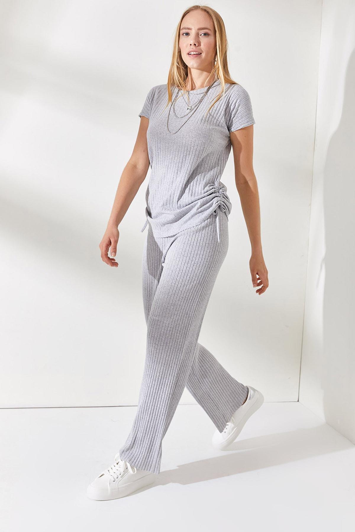 Grey Shirred Sides Blouse Palazzo Pants Suit, , large image number 0