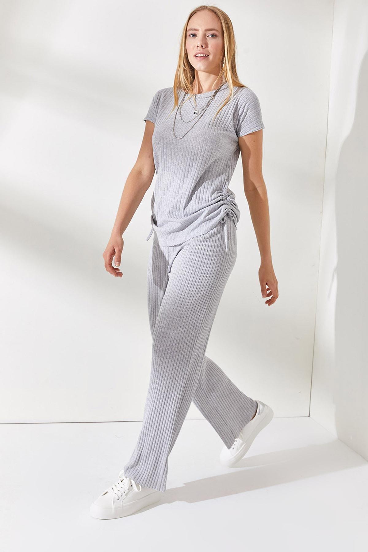 Olalook - Grey Shirred Sides Blouse Palazzo Pants Suit