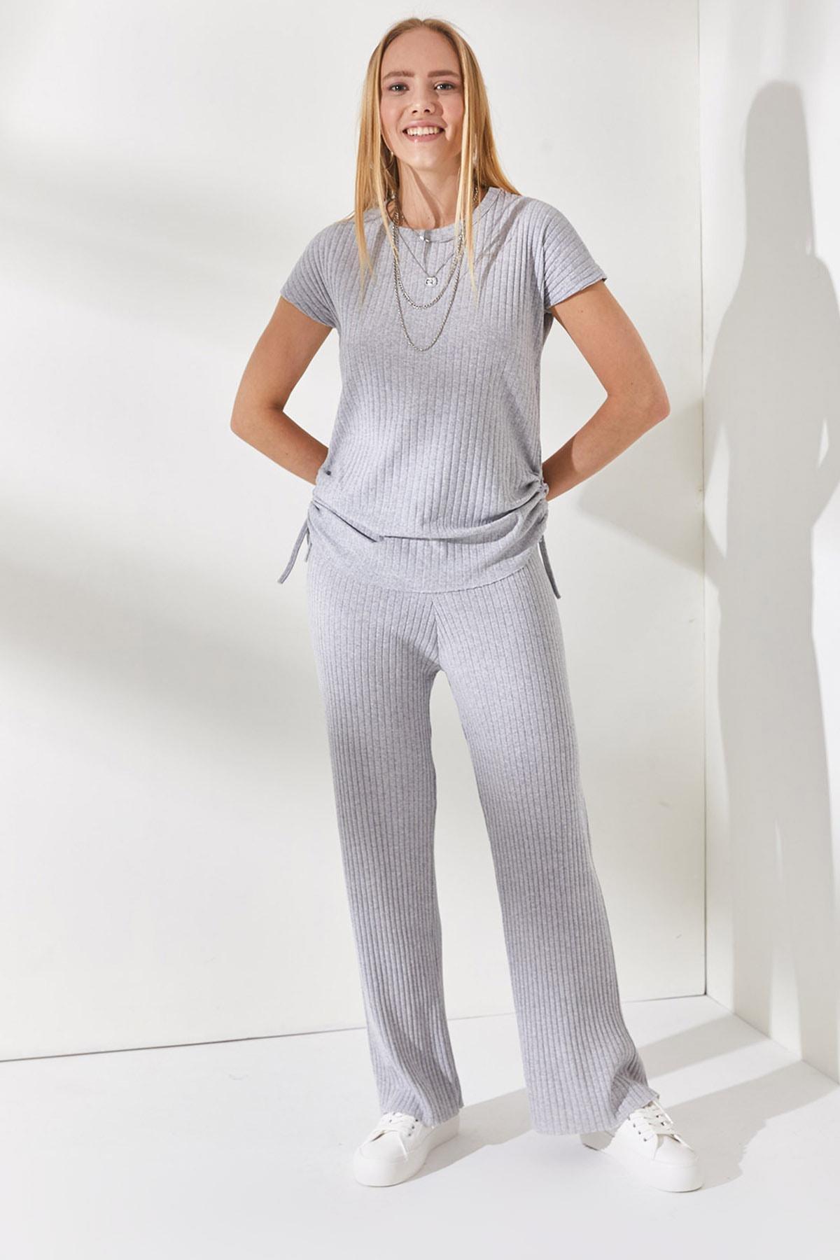 Olalook - Grey Shirred Sides Blouse Palazzo Pants Suit