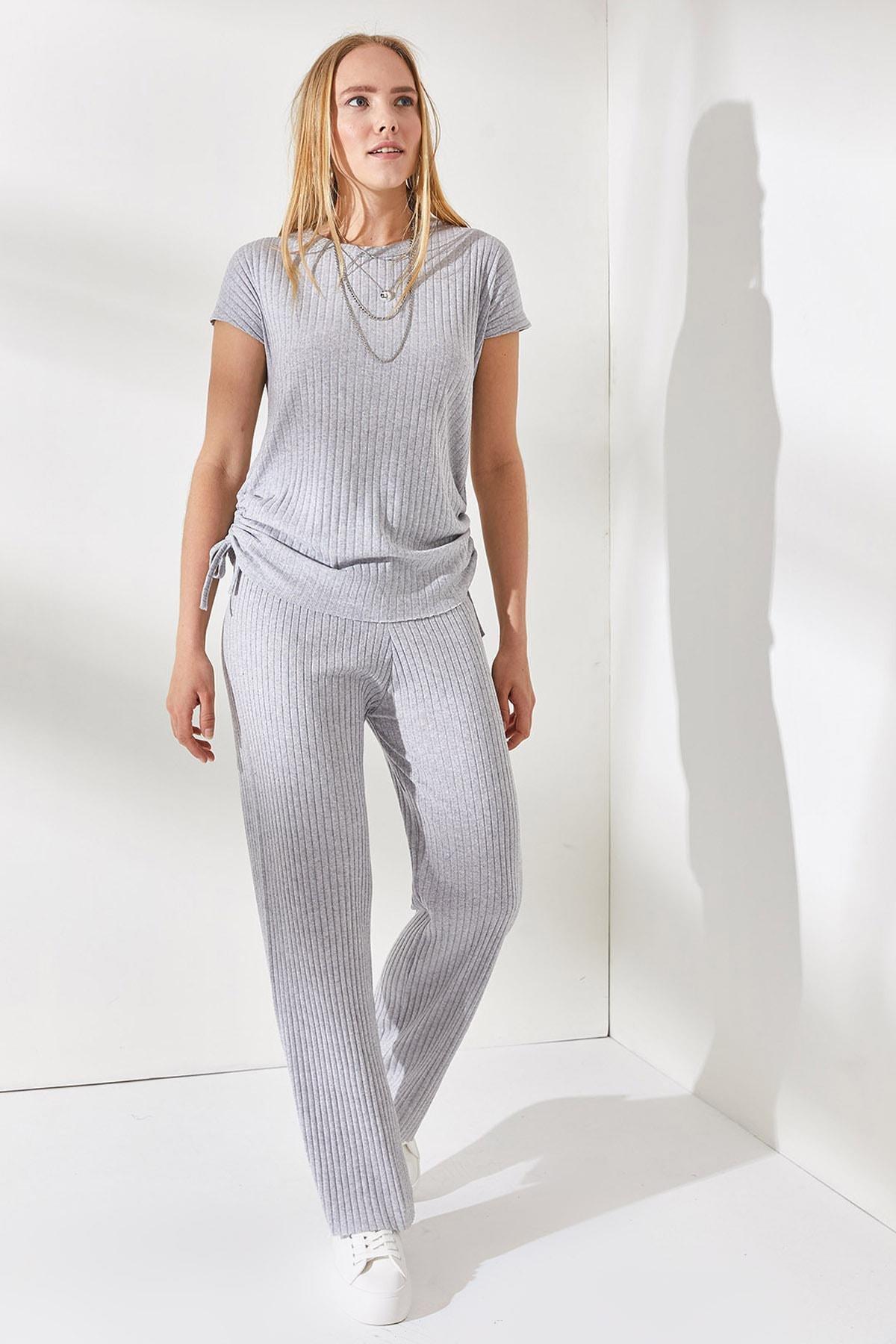 Grey Shirred Sides Blouse Palazzo Pants Suit, , large image number 2