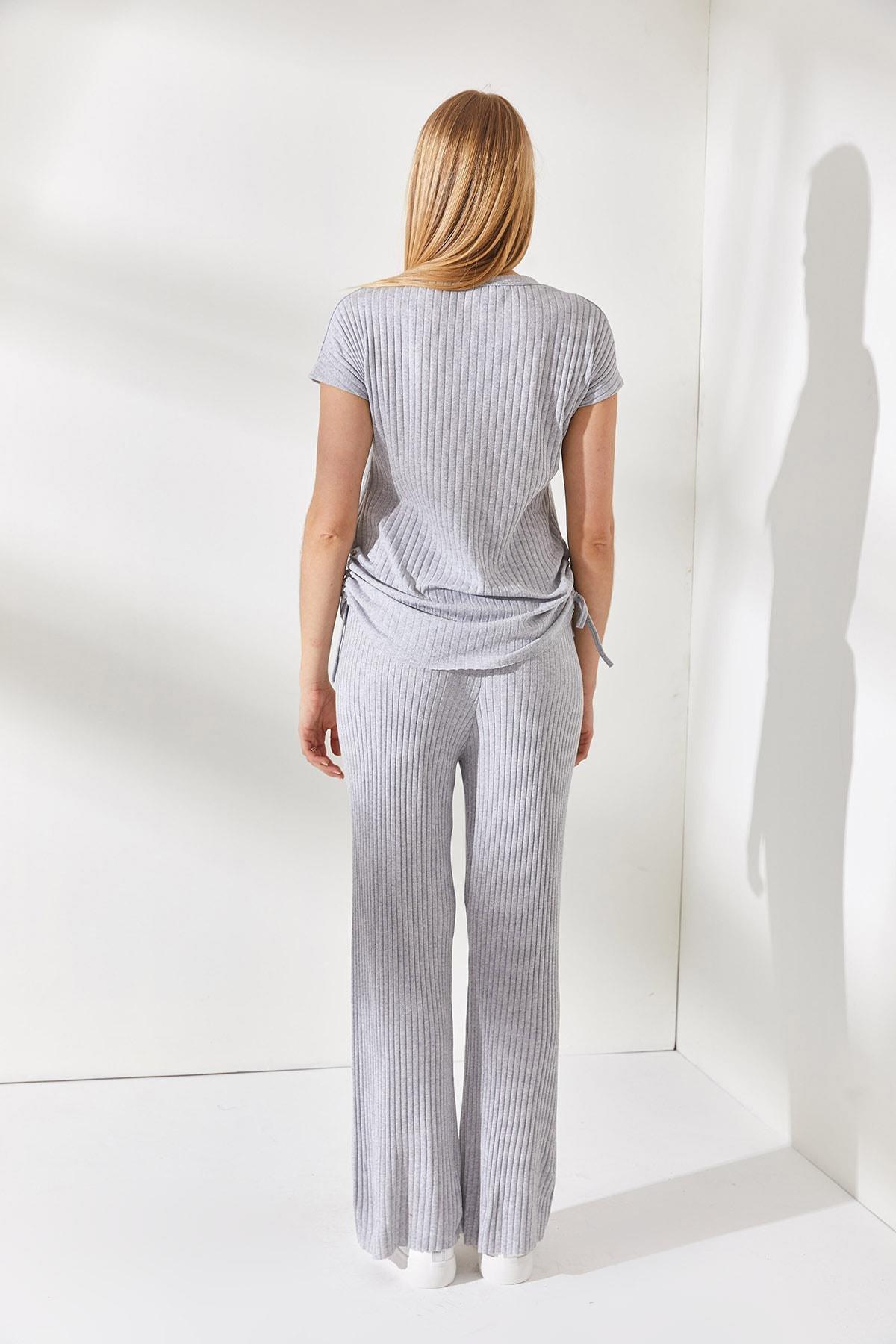 Olalook - Grey Shirred Sides Blouse Palazzo Pants Suit