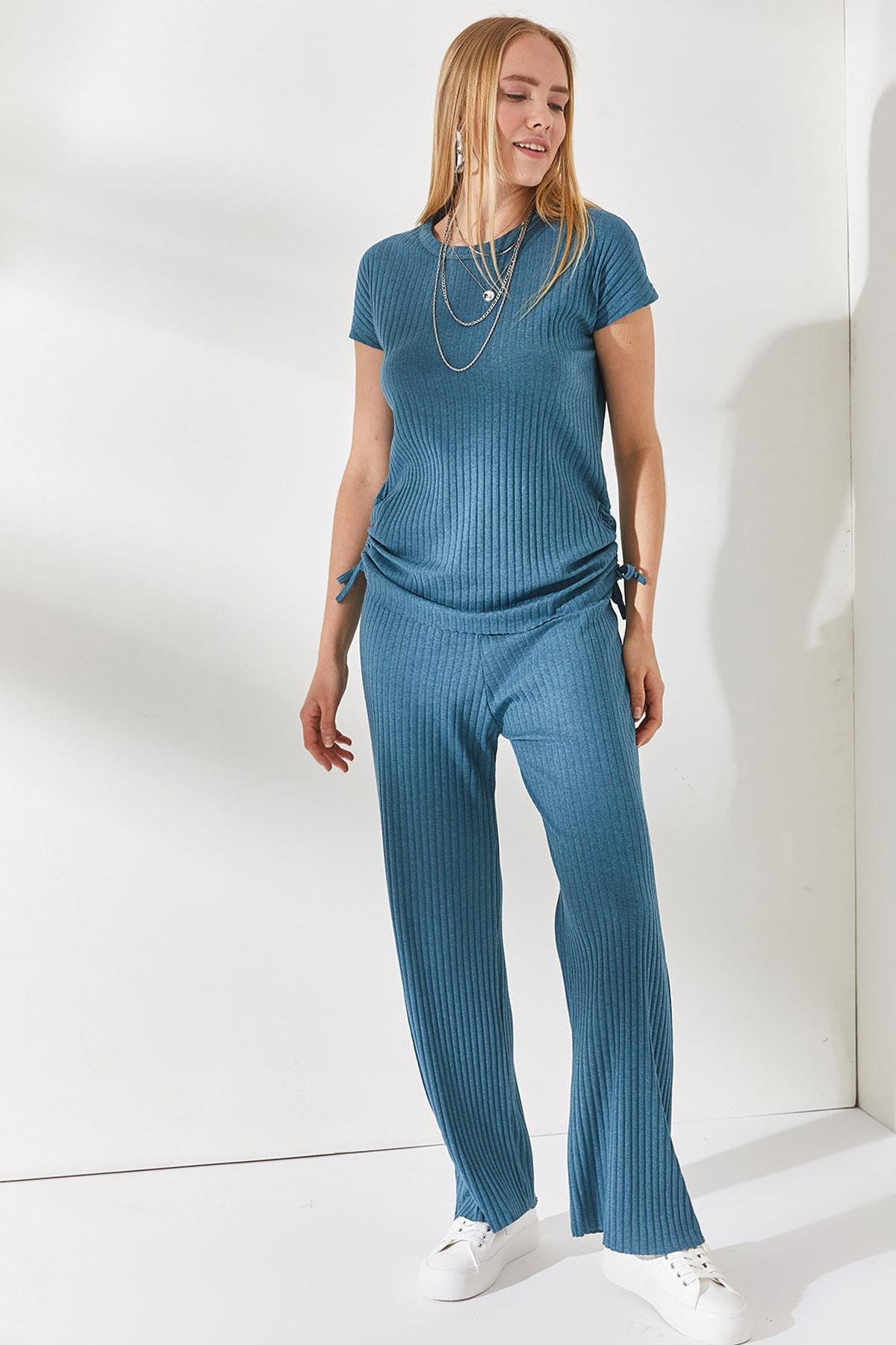 Blue Smocking Palazzo Pants Co-Ord Set, Petrol blue, medium