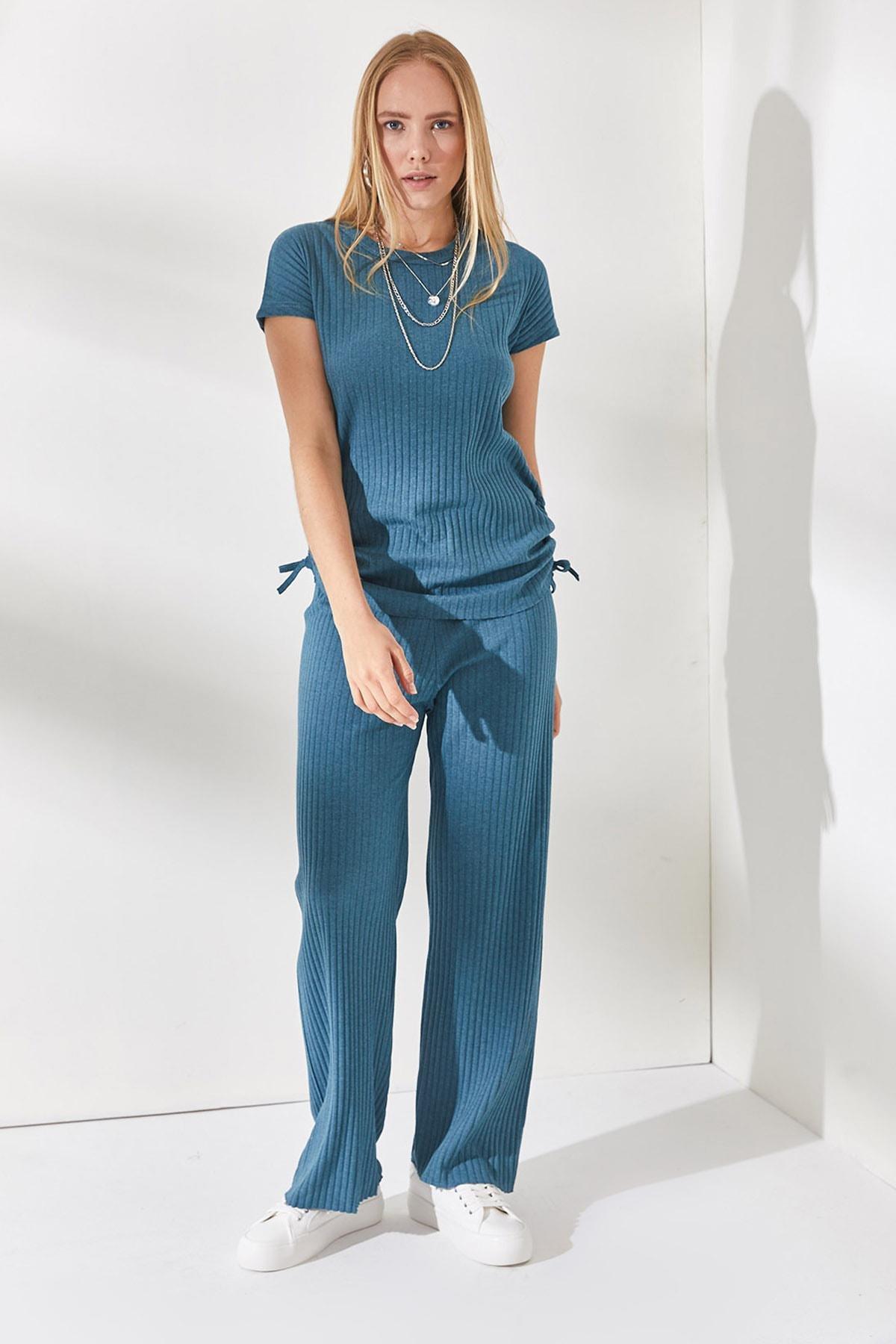 Blue Smocking Palazzo Pants Co-Ord Set, Petrol blue, medium
