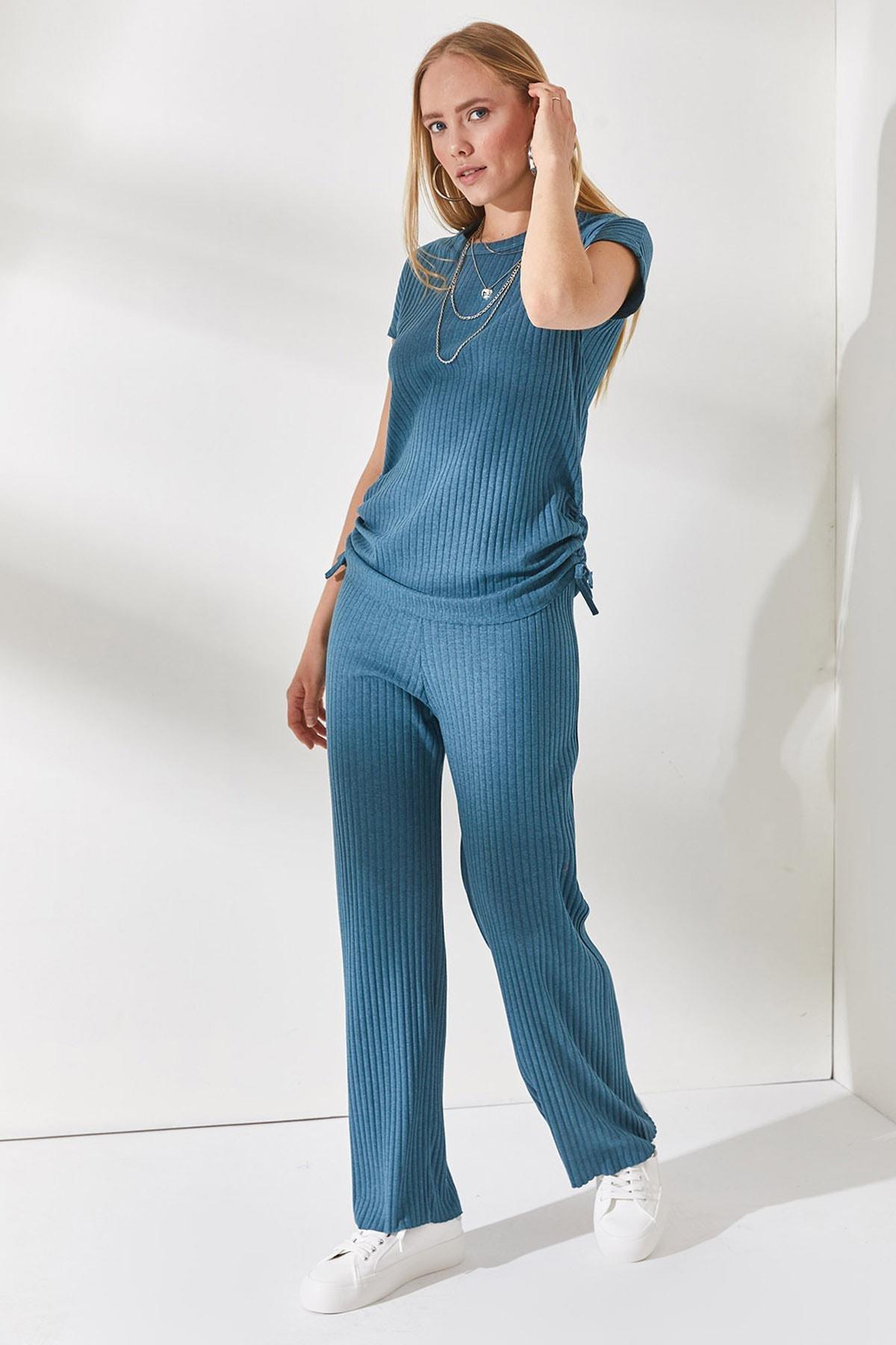 Blue Smocking Palazzo Pants Co-Ord Set, Petrol blue, medium