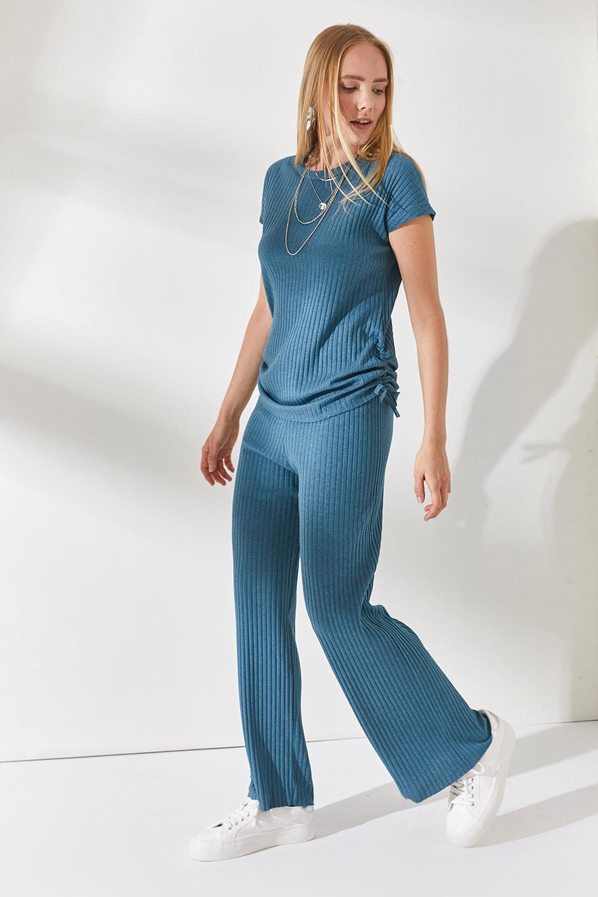Blue Smocking Palazzo Pants Co-Ord Set, Petrol blue, large image number 3