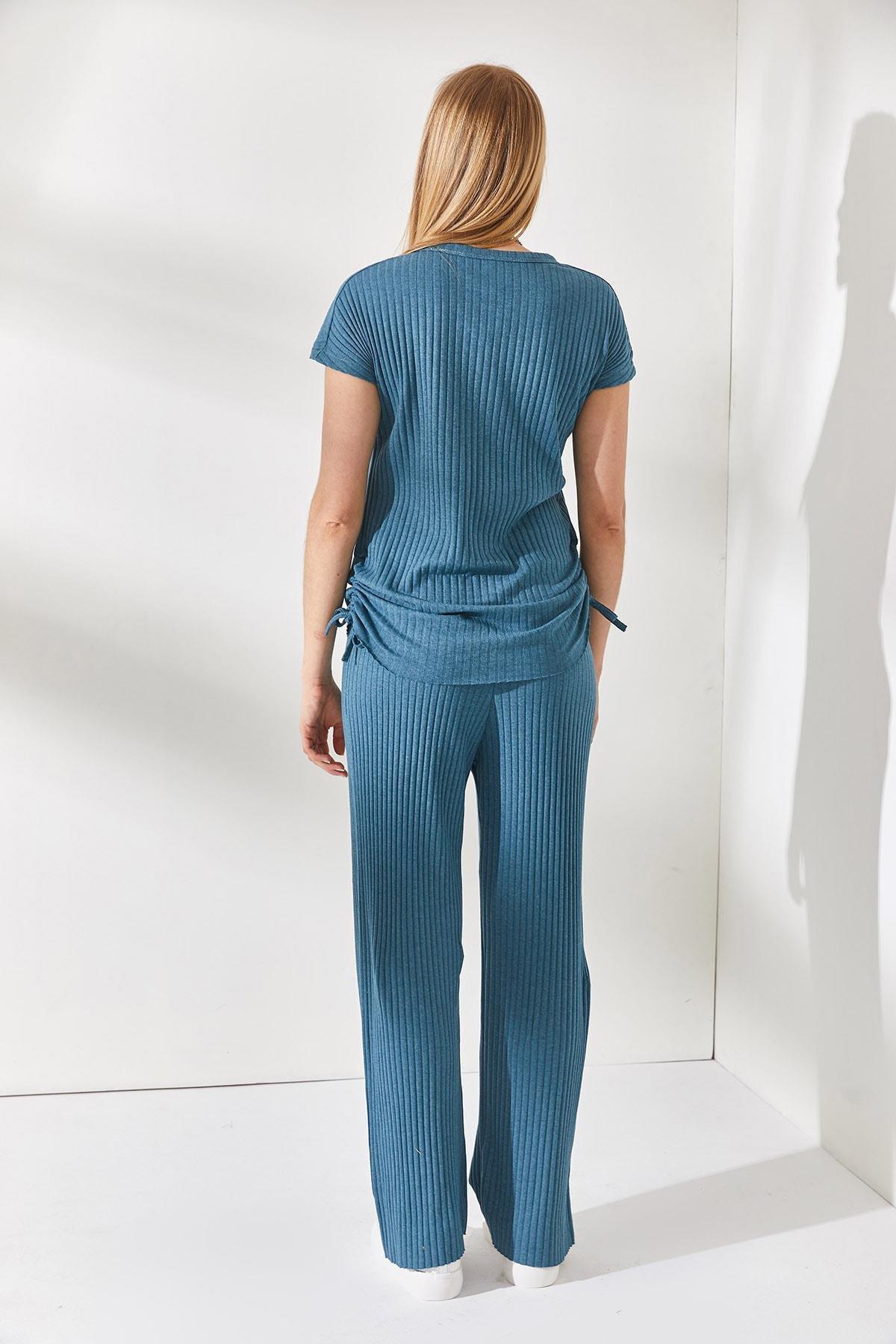 Blue Smocking Palazzo Pants Co-Ord Set, Petrol blue, large image number 4