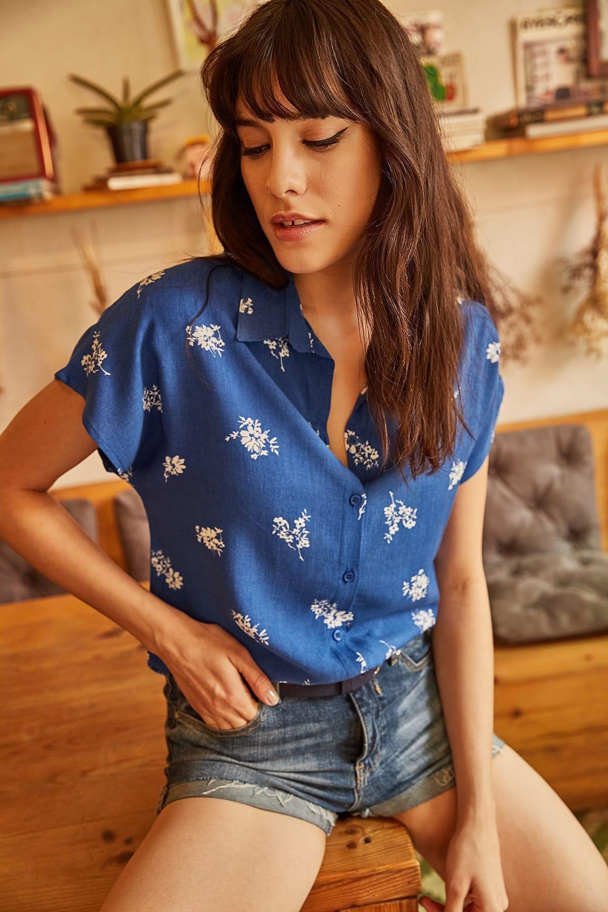 Blue Shor Sleeve Printed Shirt, , large image number 1
