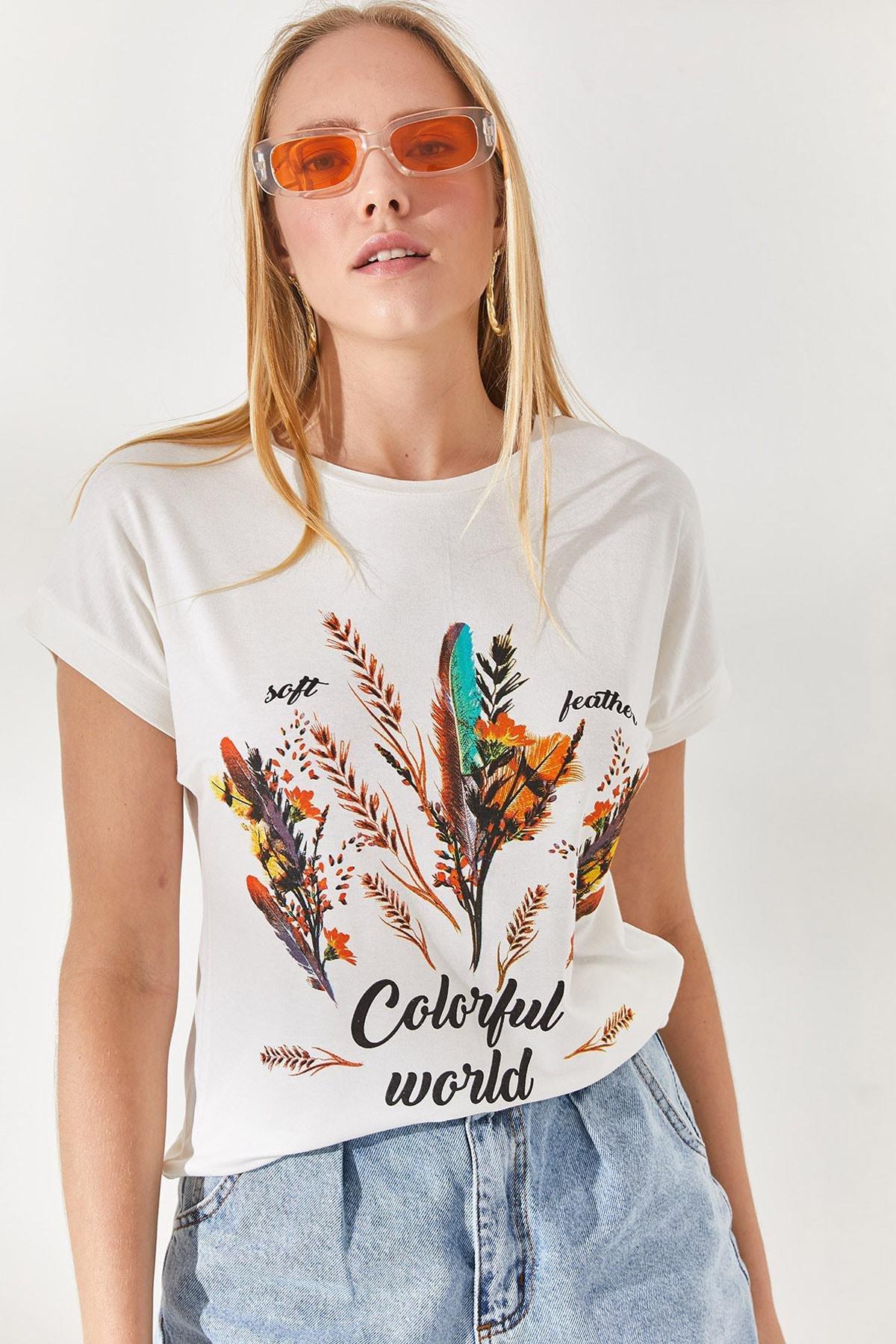 Ecru Feathered Printed T-Shirt, , medium