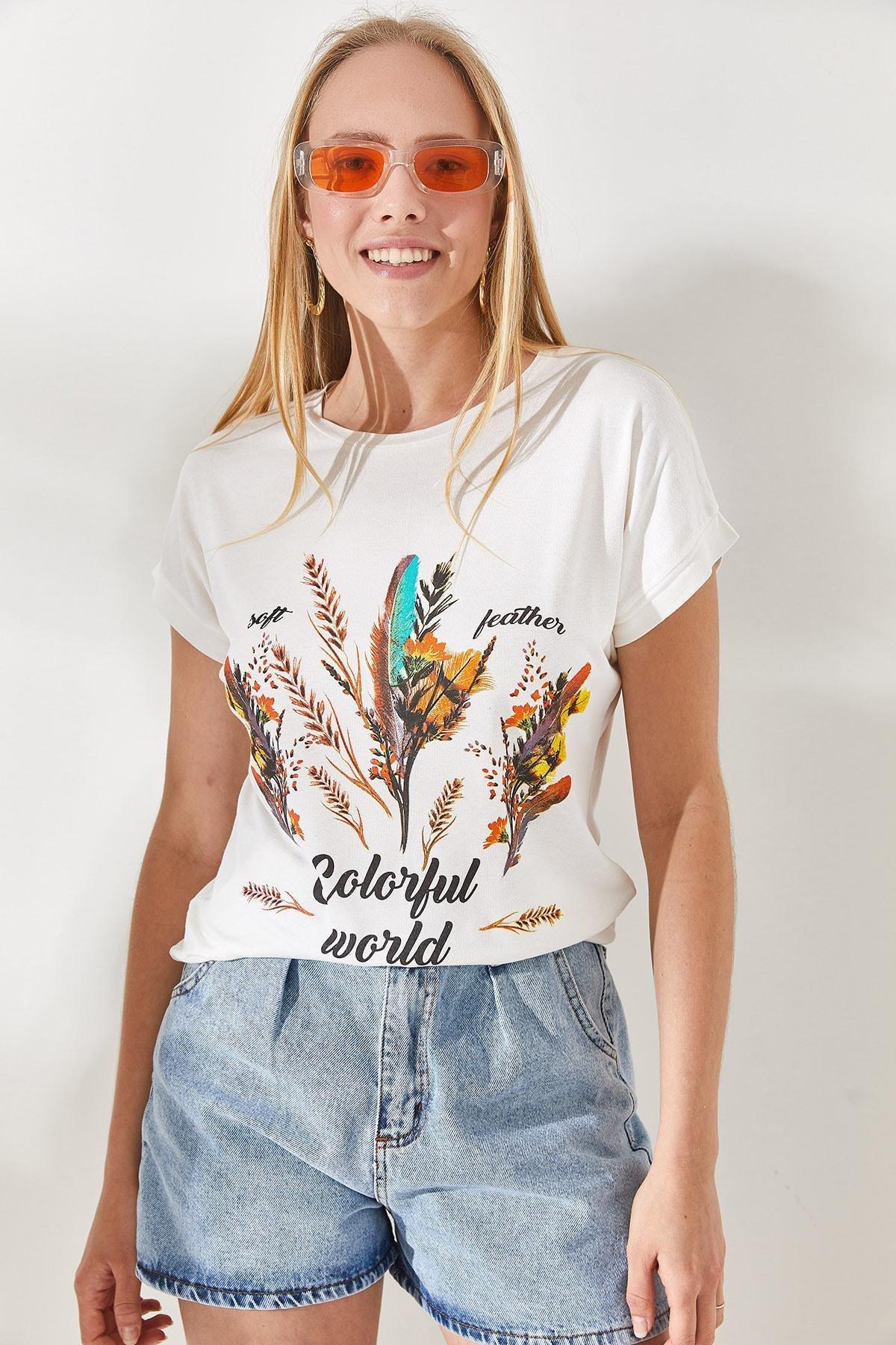 Ecru Feathered Printed T-Shirt, , large image number 1