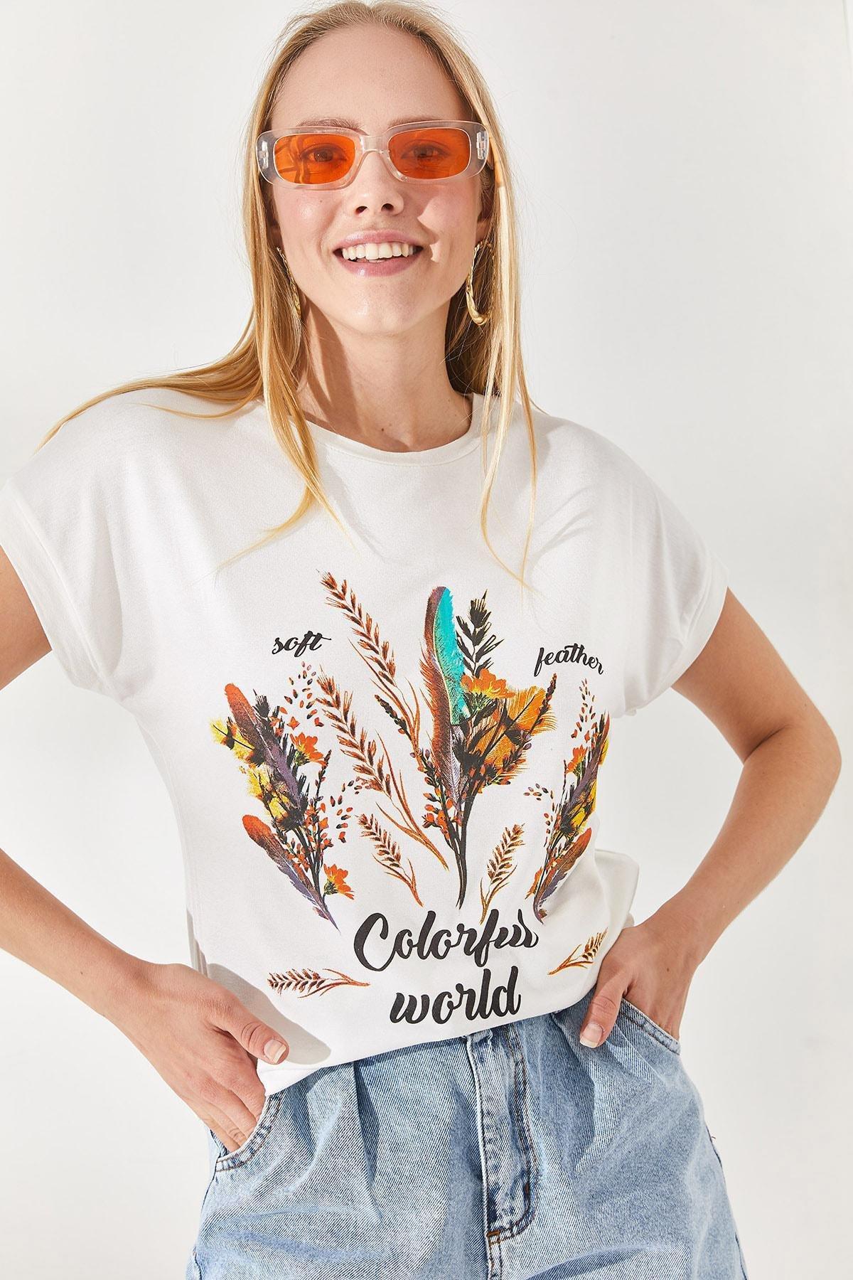 Ecru Feathered Printed T-Shirt, , large image number 2