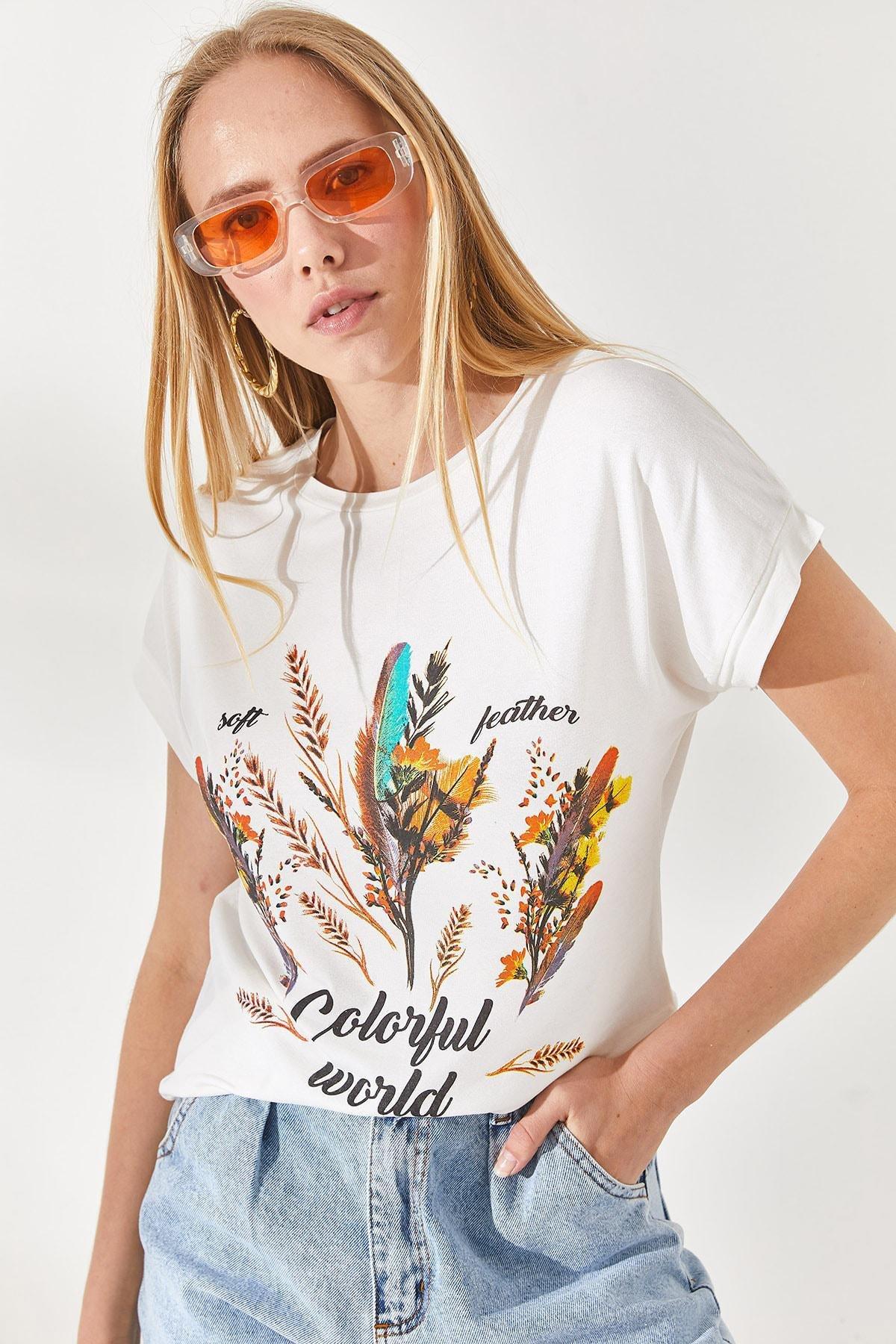 Ecru Feathered Printed T-Shirt, , large image number 3