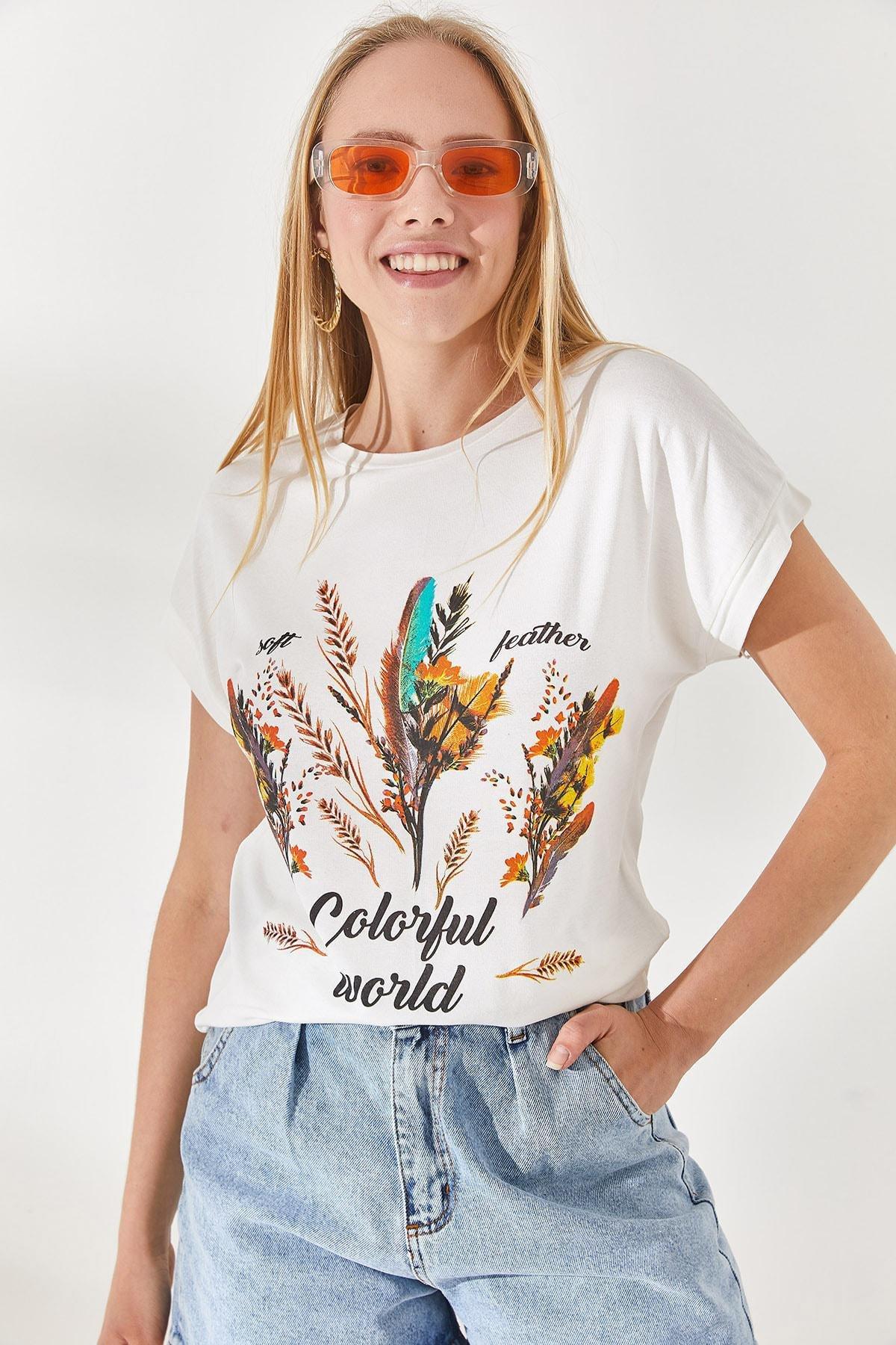 Ecru Feathered Printed T-Shirt, , large image number 4