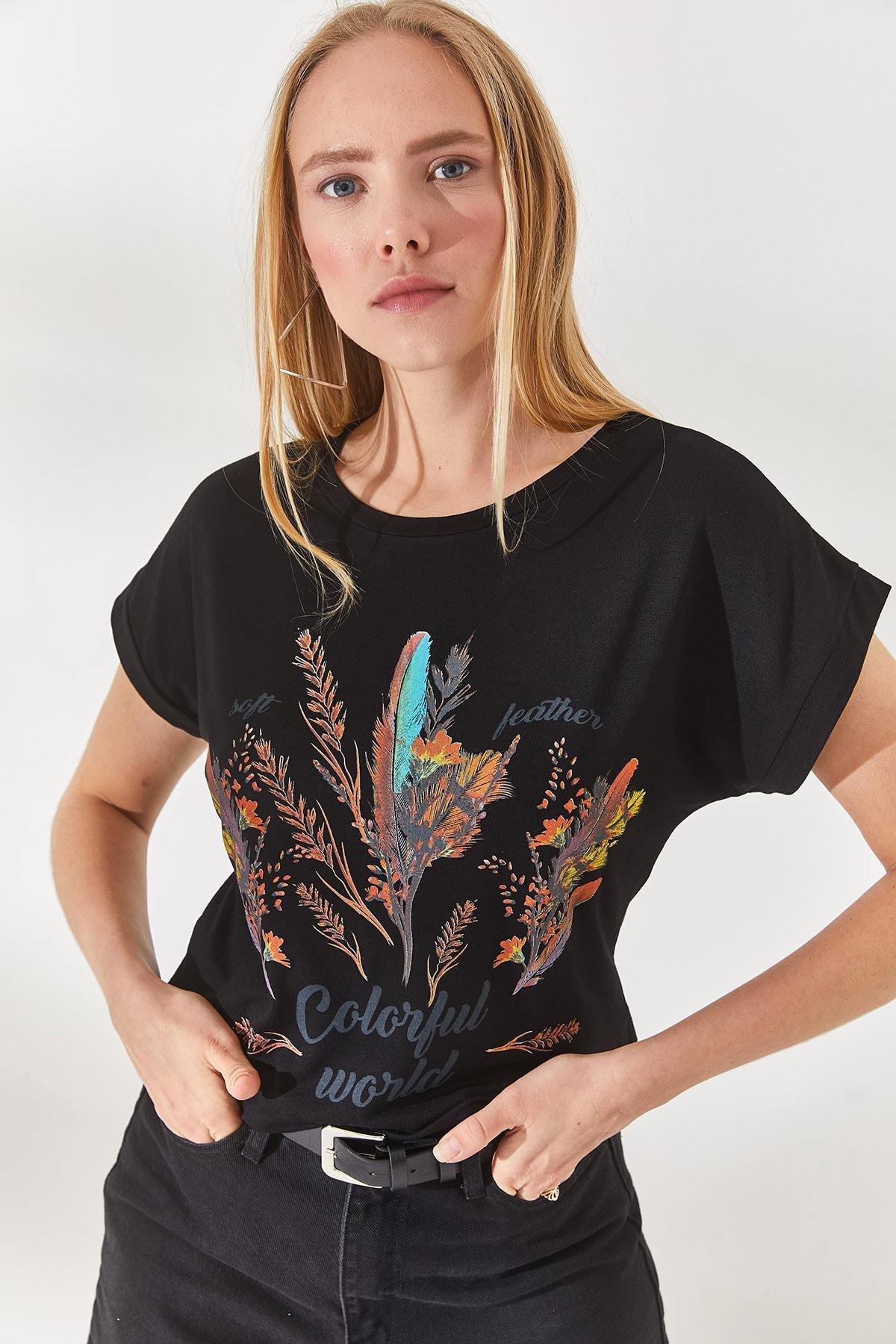 Black Feathered Printed T-Shirt, , large image number 2