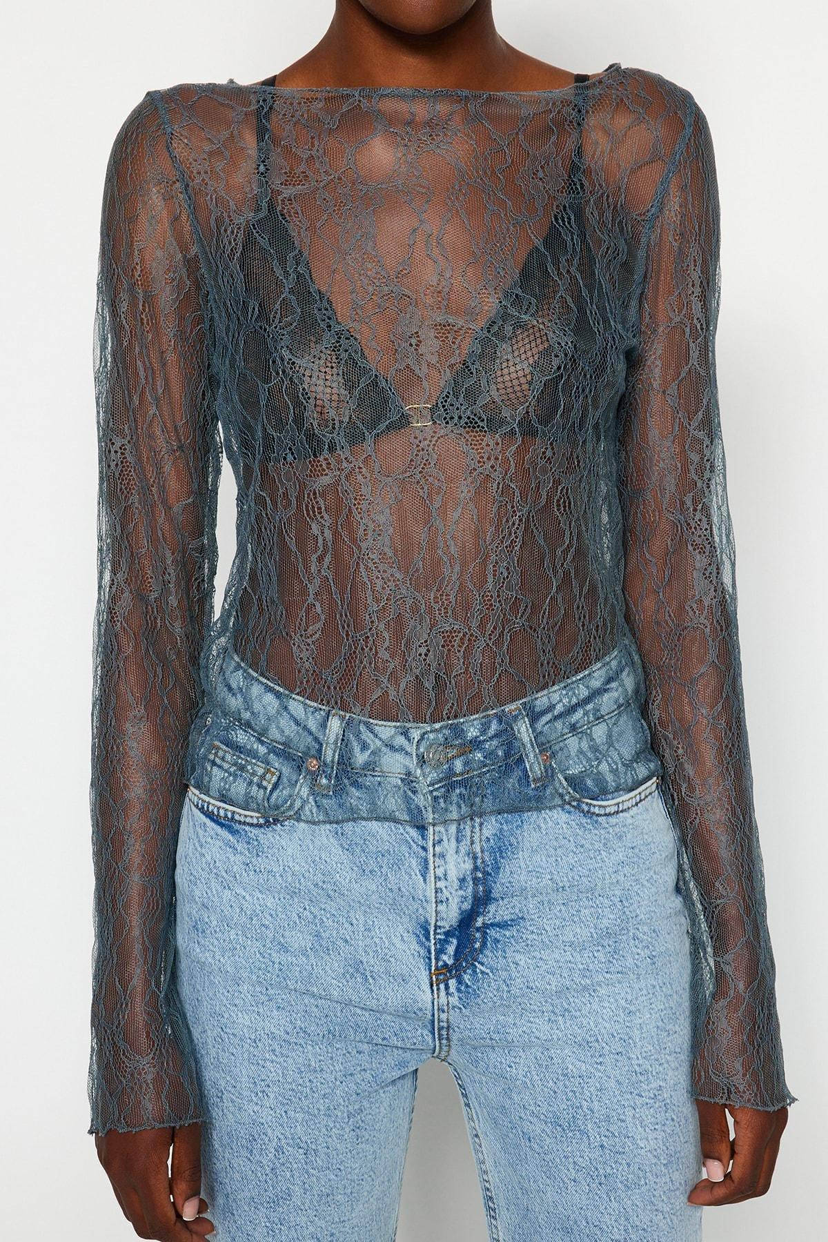 Grey Fitted Crewneck Lace Flexible Blouse, , large image number 3