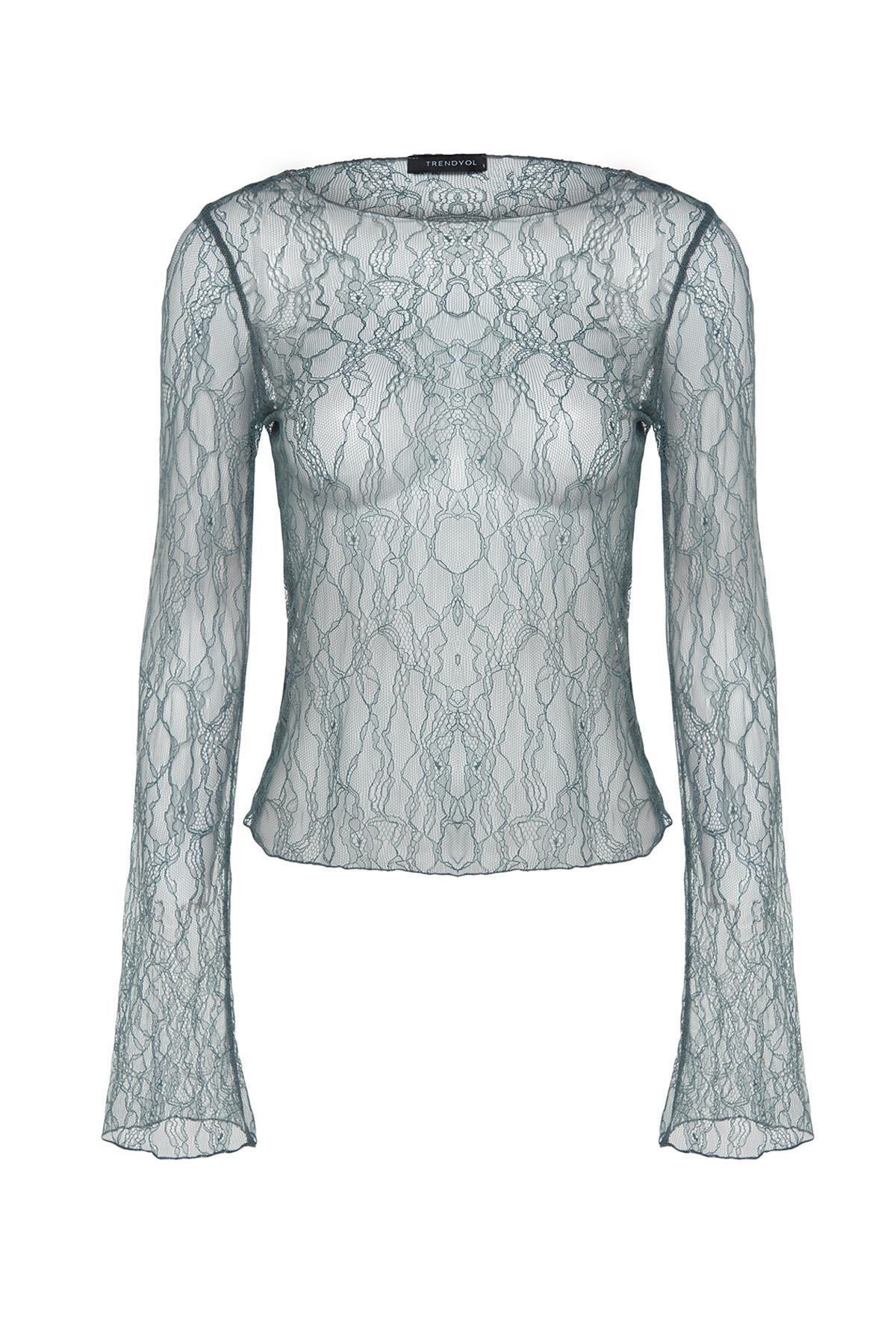 Grey Fitted Crewneck Lace Flexible Blouse, , large image number 4