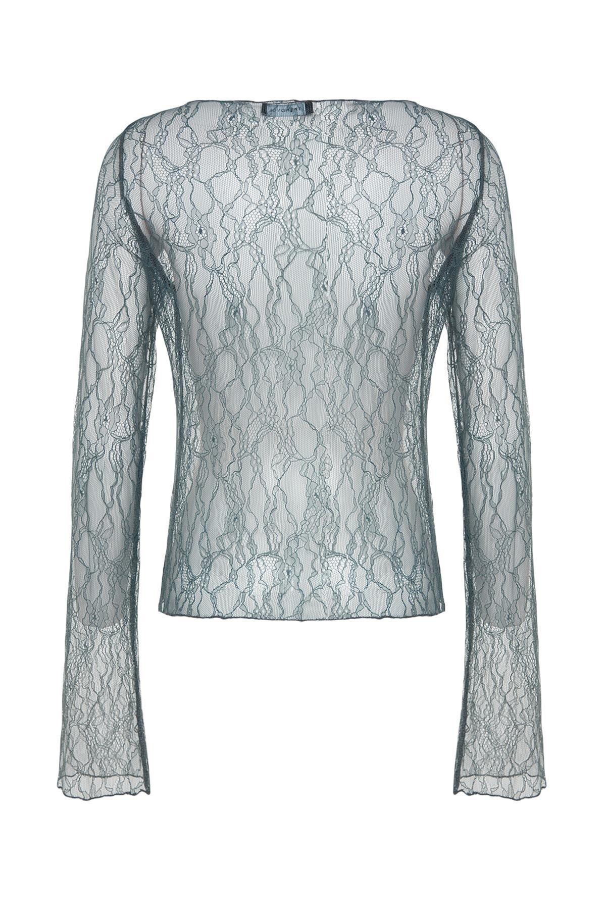 Grey Fitted Crewneck Lace Flexible Blouse, , large image number 6