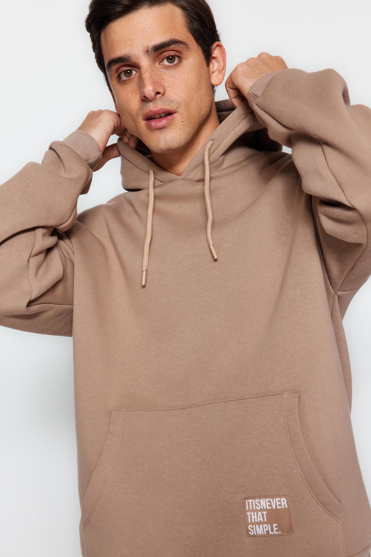Trendyol - Khaki Oversized Hooded Labelled Cotton Sweatshirt