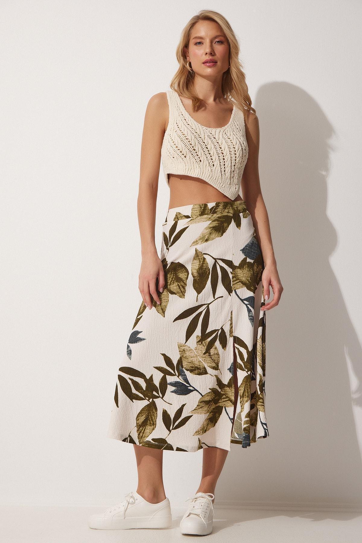 Multicolour Patterned Slit Knitted Skirt, Green Cream, large image number 0