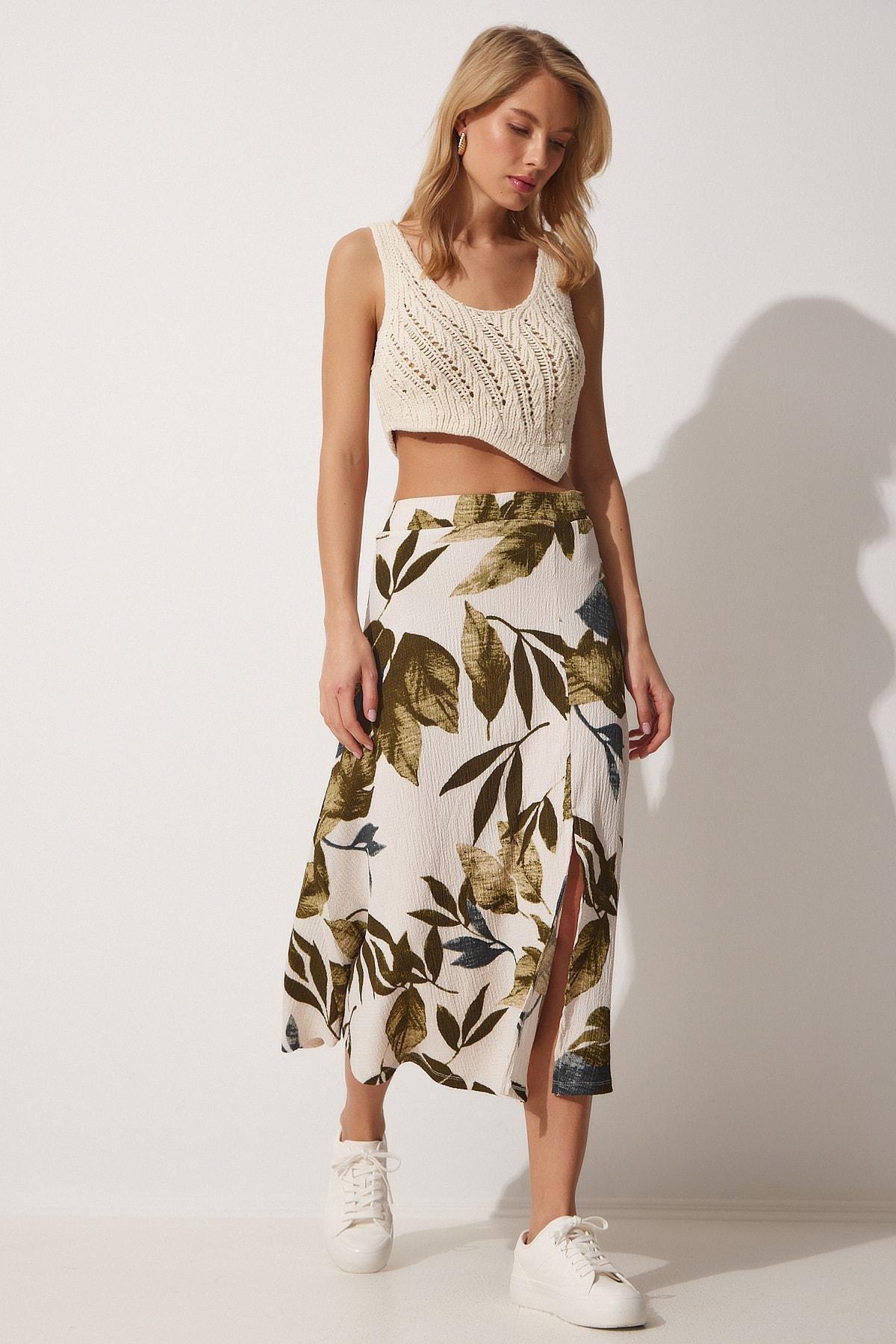 Multicolour Patterned Slit Knitted Skirt, Green Cream, large image number 1