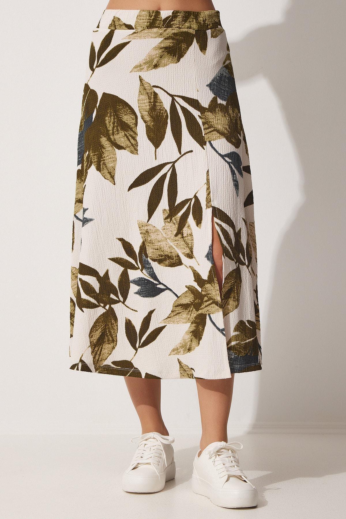 Multicolour Patterned Slit Knitted Skirt, Green Cream, large image number 2