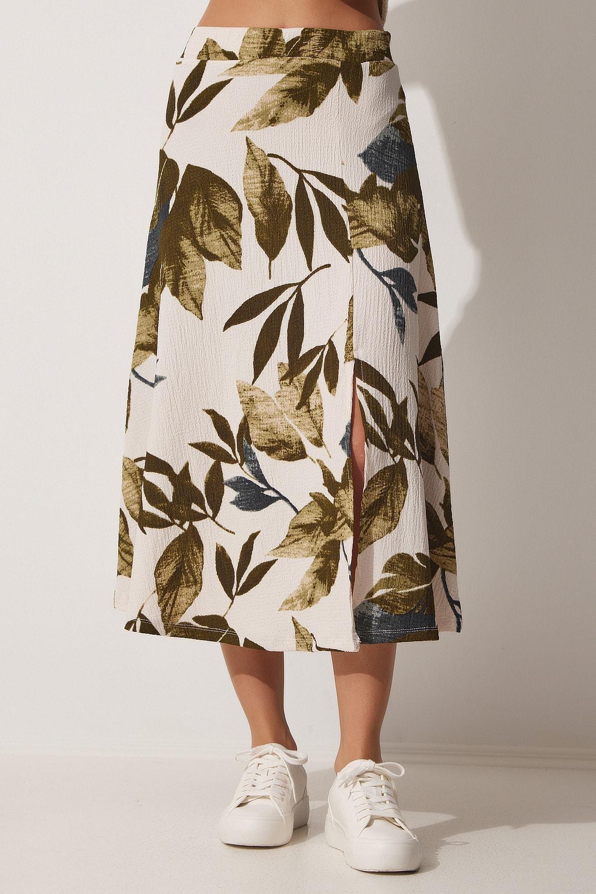 Multicolour Patterned Slit Knitted Skirt, Green Cream, large image number 3