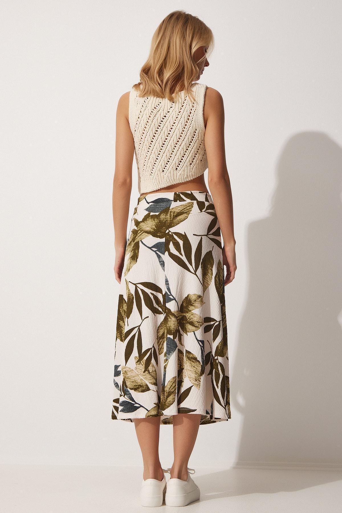 Multicolour Patterned Slit Knitted Skirt, Green Cream, large image number 4