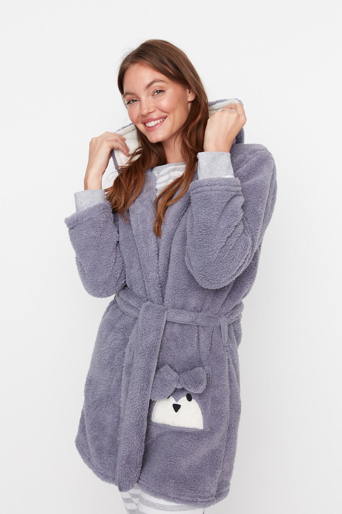 Grey Crop Short Dressing Gown, , large image number 1